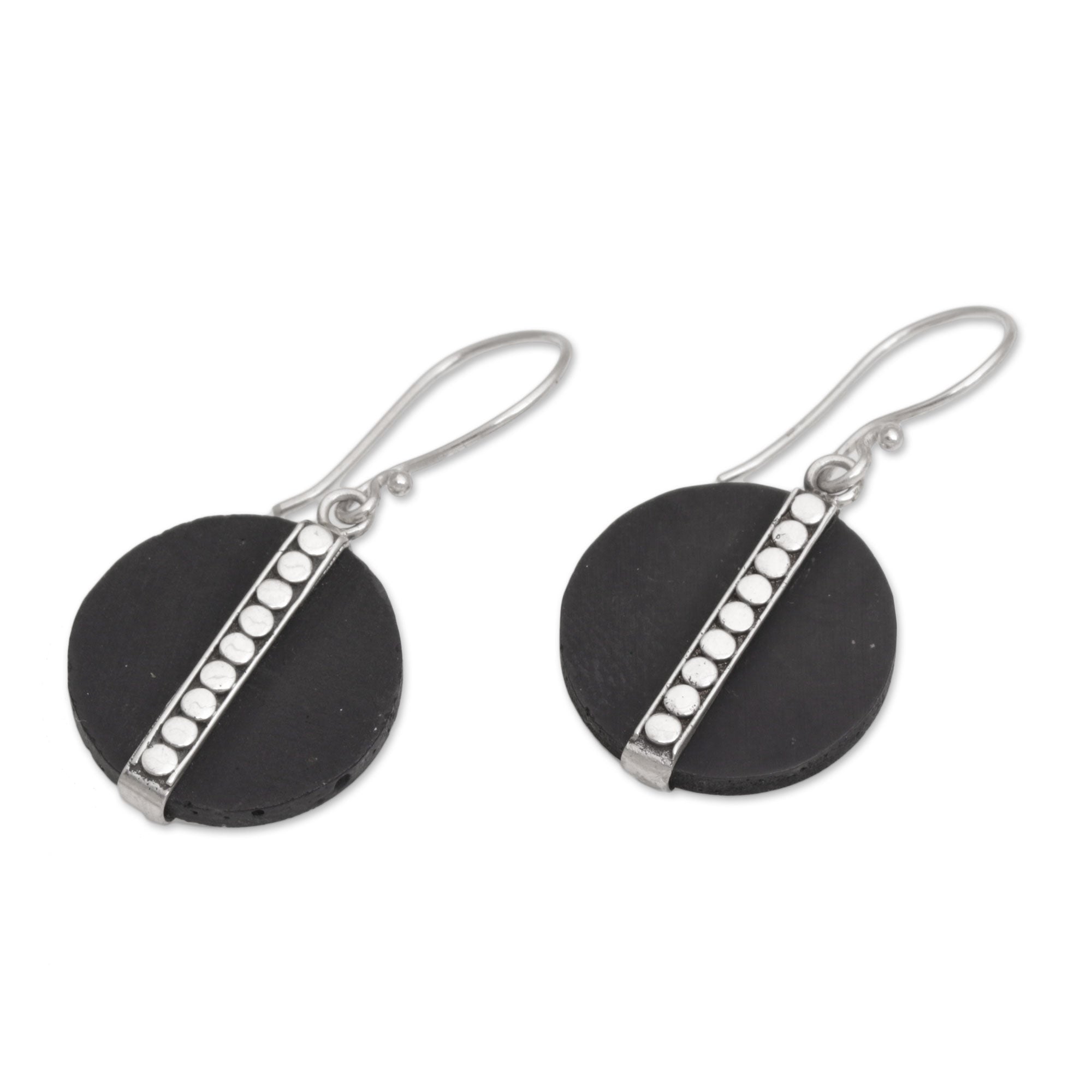 Premium Balinese Lava Stone Dangle Earrings with Sterling Silver Dot Motif