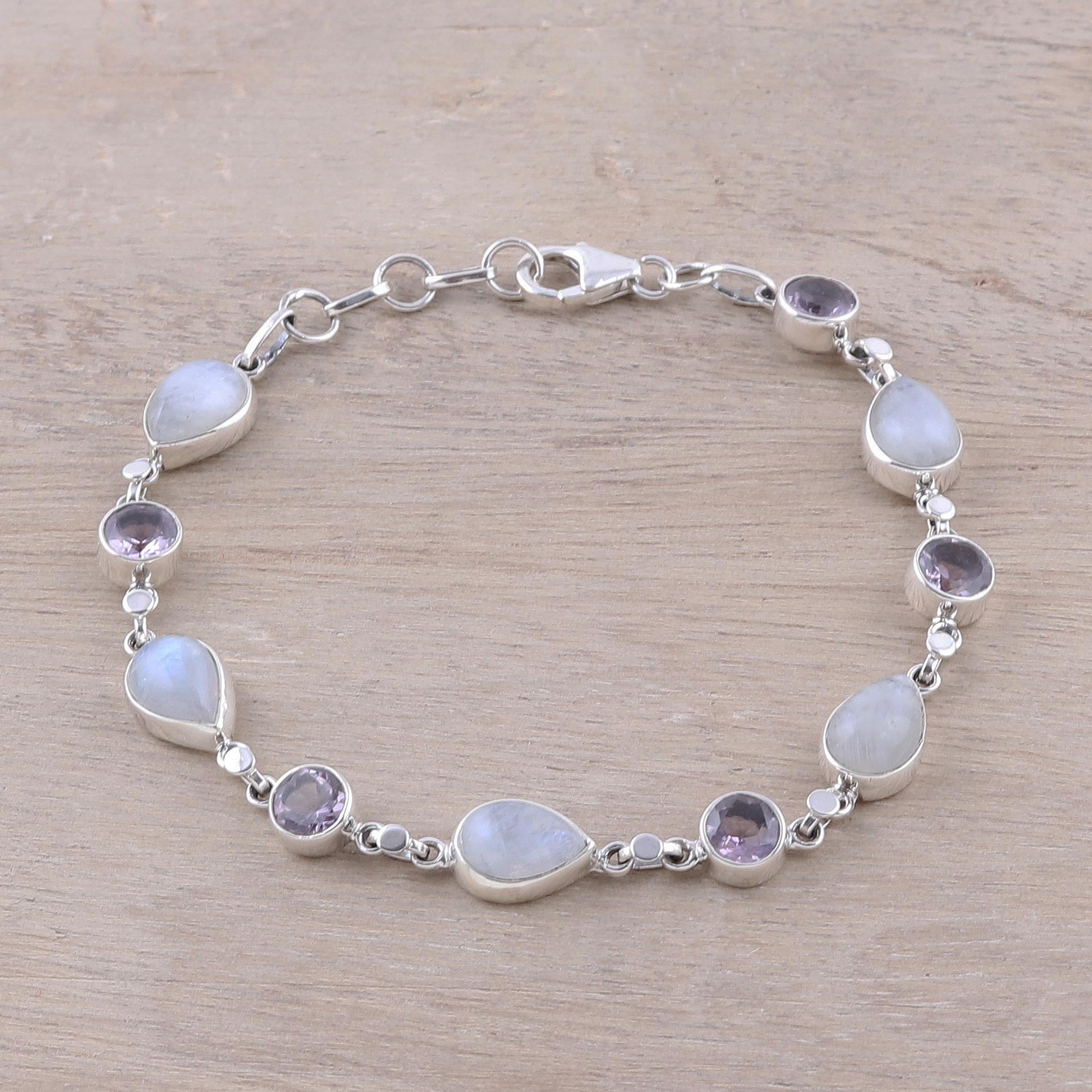 Premium Misty Lilac Handmade Amethyst Rainbow Moonstone Bracelet - Handcrafted in India