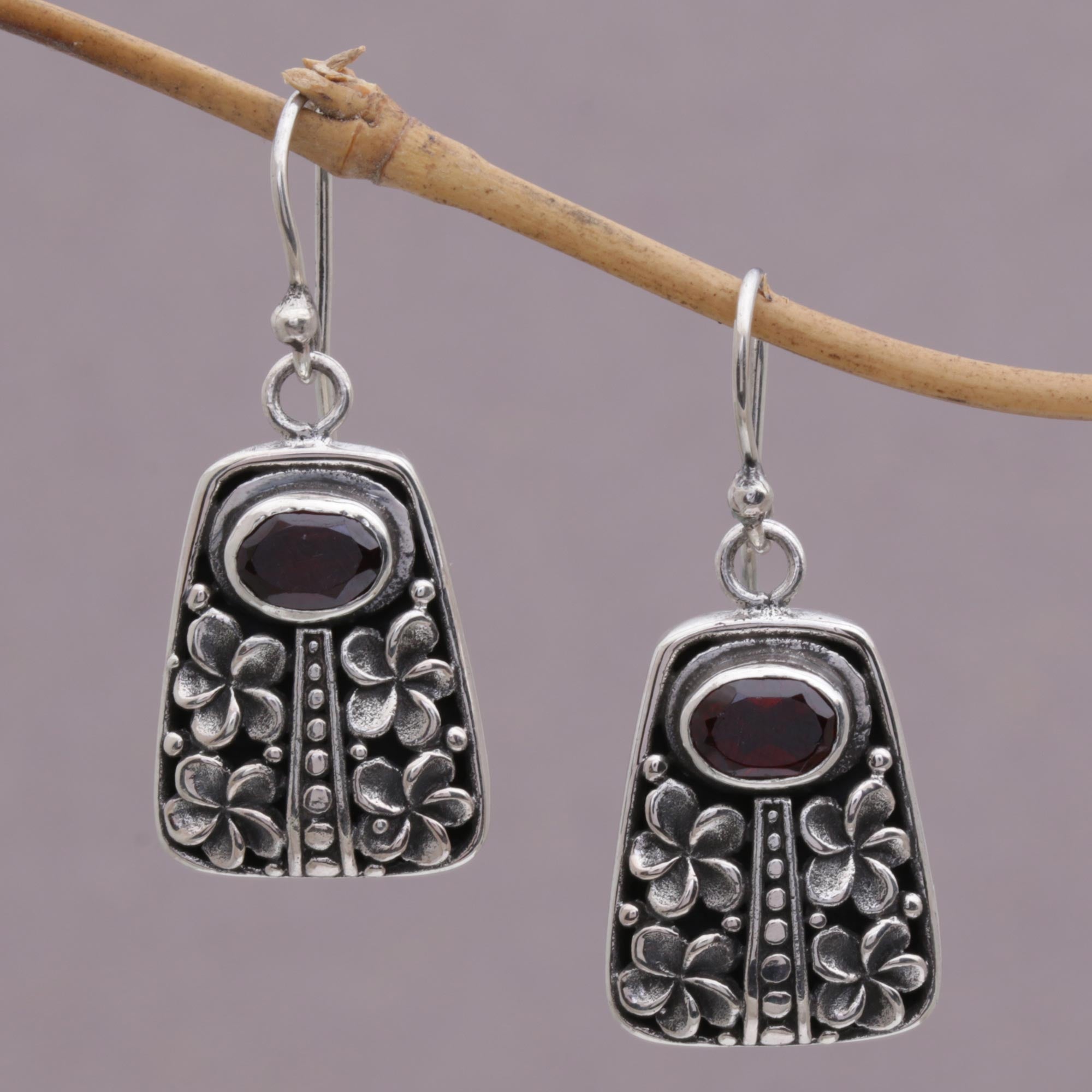 Premium Pura Garnet & Sterling Silver Floral Dangle Earrings from Bali - Handcrafted Elegance