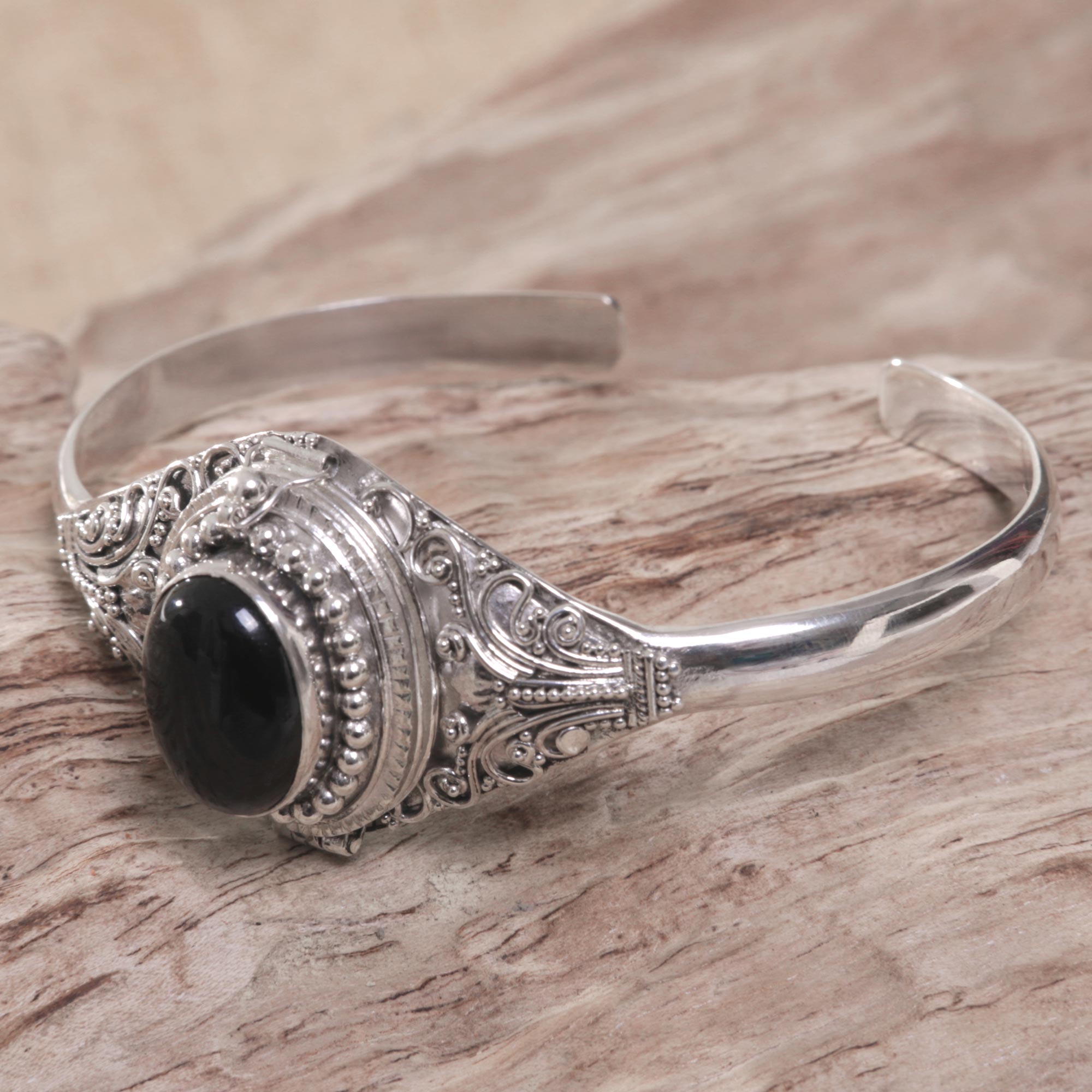 Premium Onyx & Sterling Silver Cuff Locket Bracelet - Handcrafted in Bali