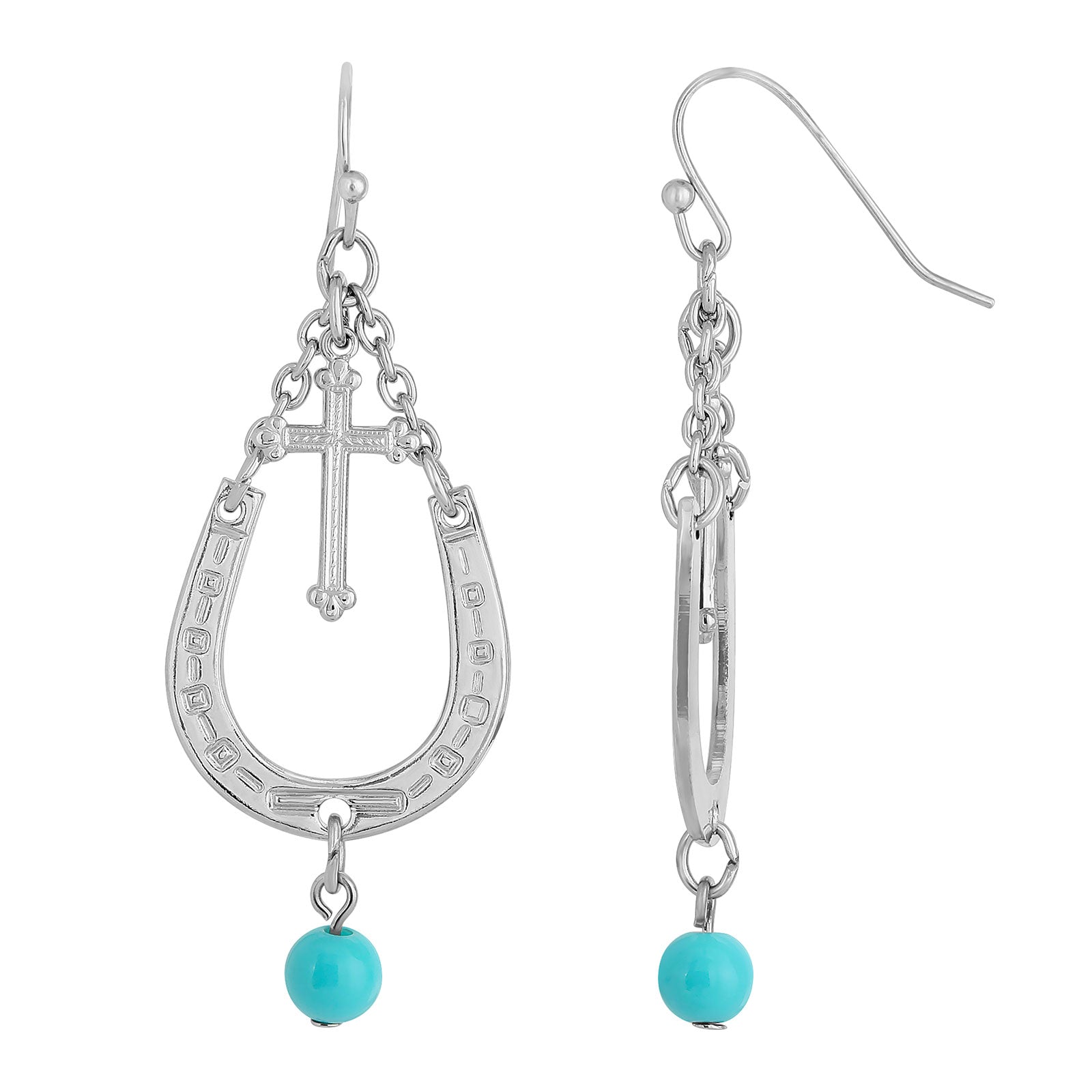 Premium Silver-Tone Horseshoe & Cross Drop Earrings with Turquoise Accent | 1928 Jewelry®