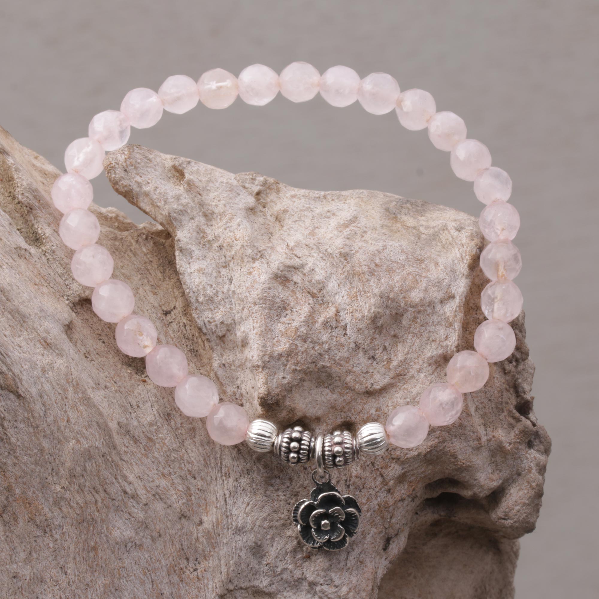 Premium Rose Quartz & Flower Charm Bracelet - Handcrafted in Bali