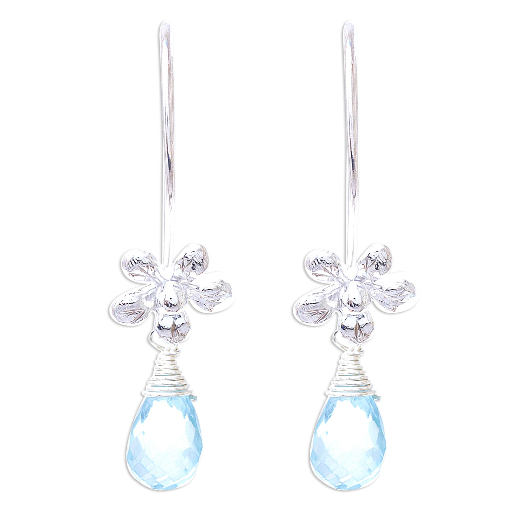 Premium Daisy Glitter Blue Topaz Dangle Earrings - Handcrafted Sterling Silver Jewelry from Thailand