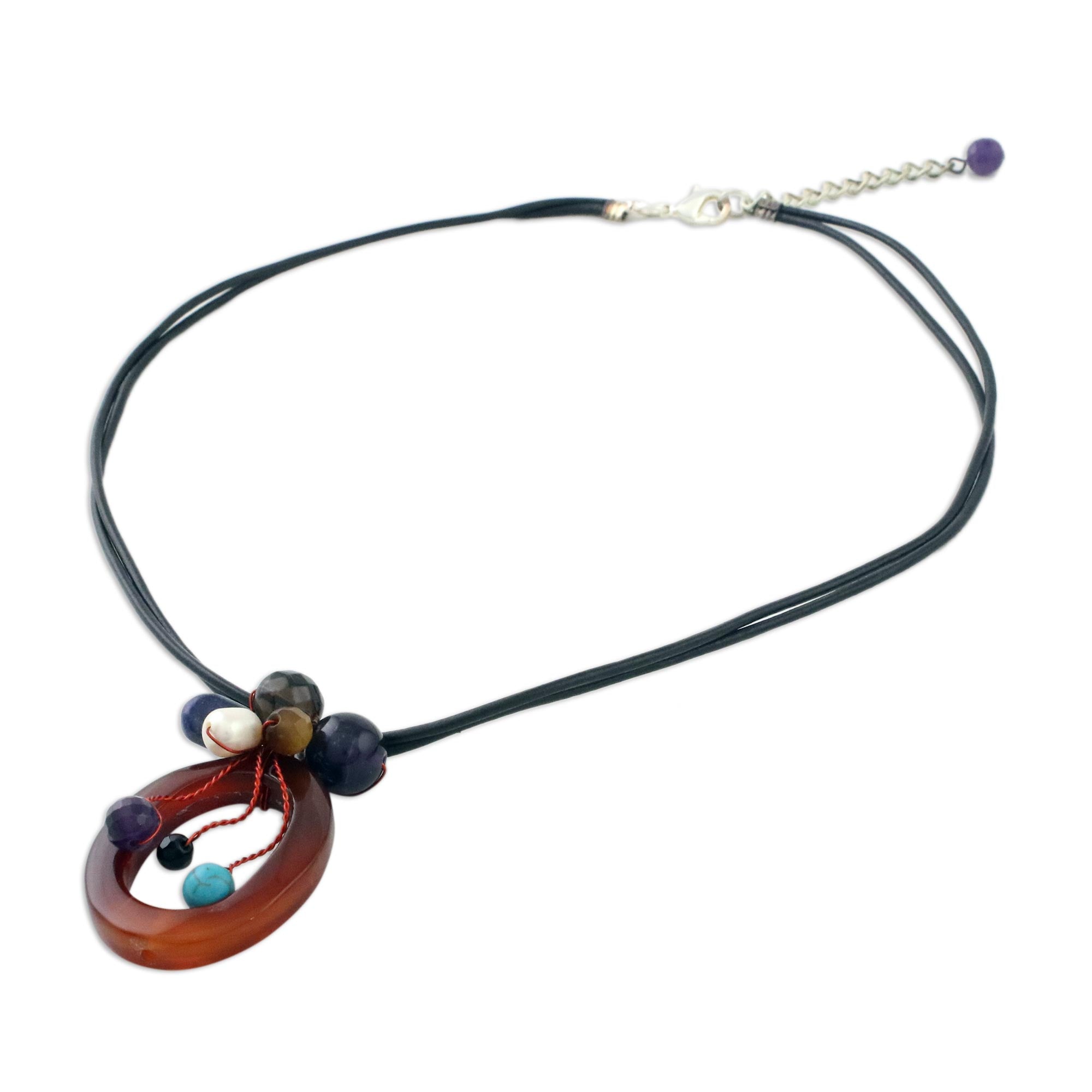 Premium Lush Cosmos Multi-Gem Leather Necklace - Handmade Elegance