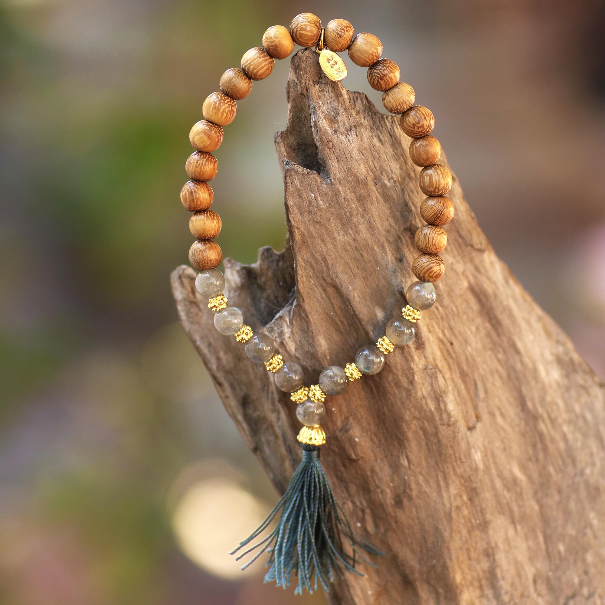 Premium Harmony Gold & Labradorite Wood Beaded Stretch Bracelet with Grey Tassel