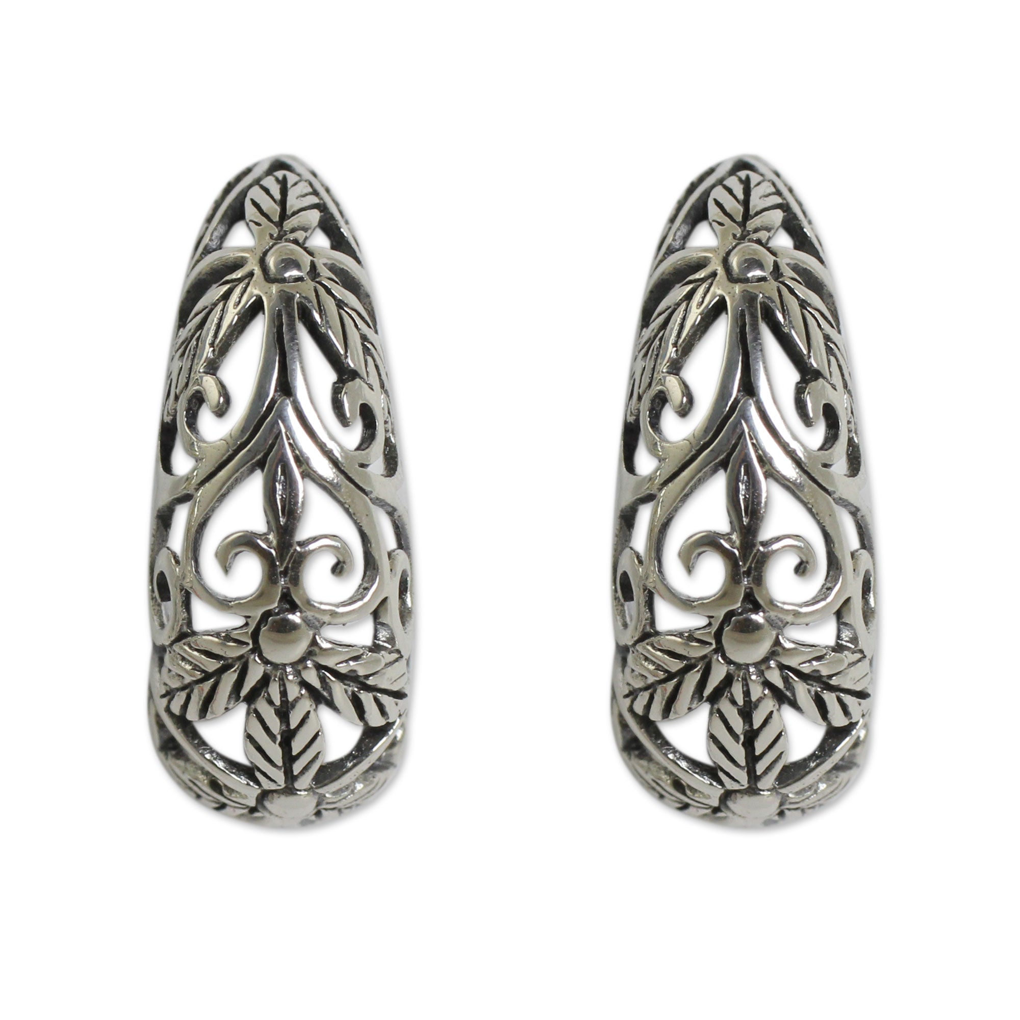 Premium Floral Fantasy Sterling Silver Hoop Earrings