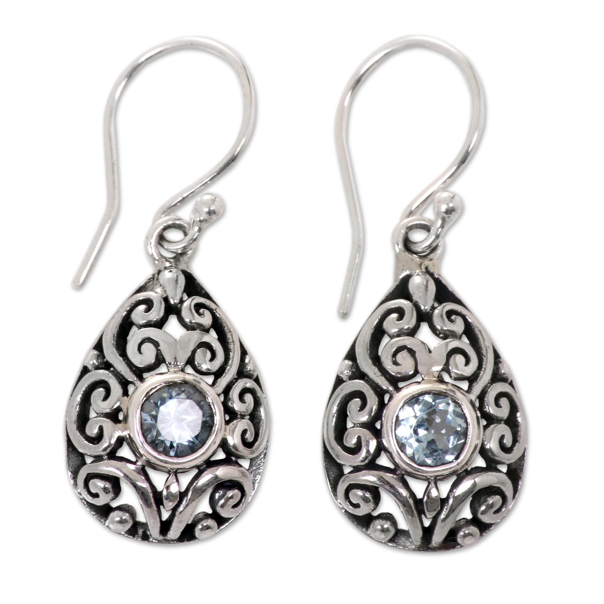 Premium Blue Topaz & Silver Balinese Scarab Earrings - Handmade Elegance