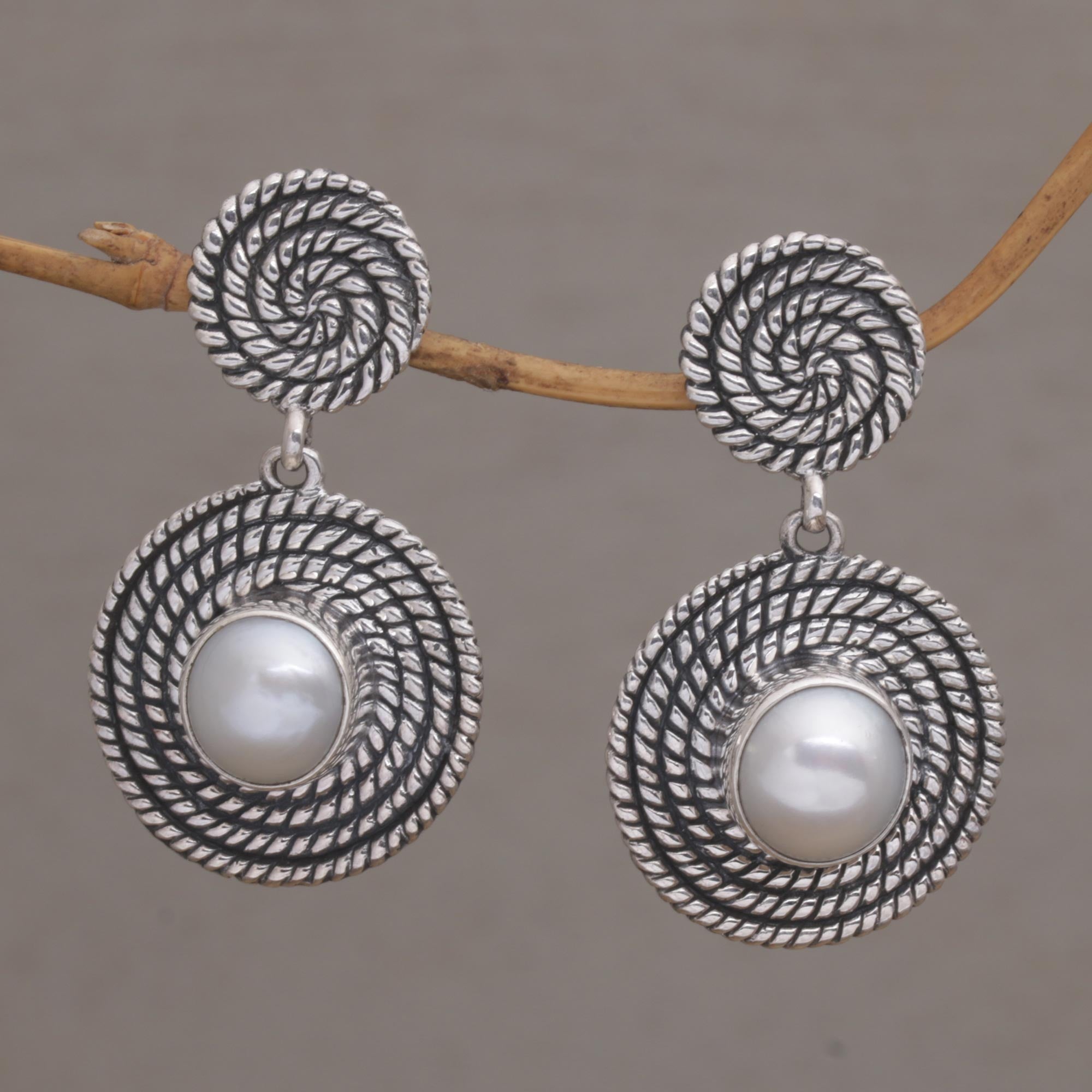 Premium Moonlight Spirals Dangle Earrings - Handcrafted Sterling Silver with Cultured Pearls