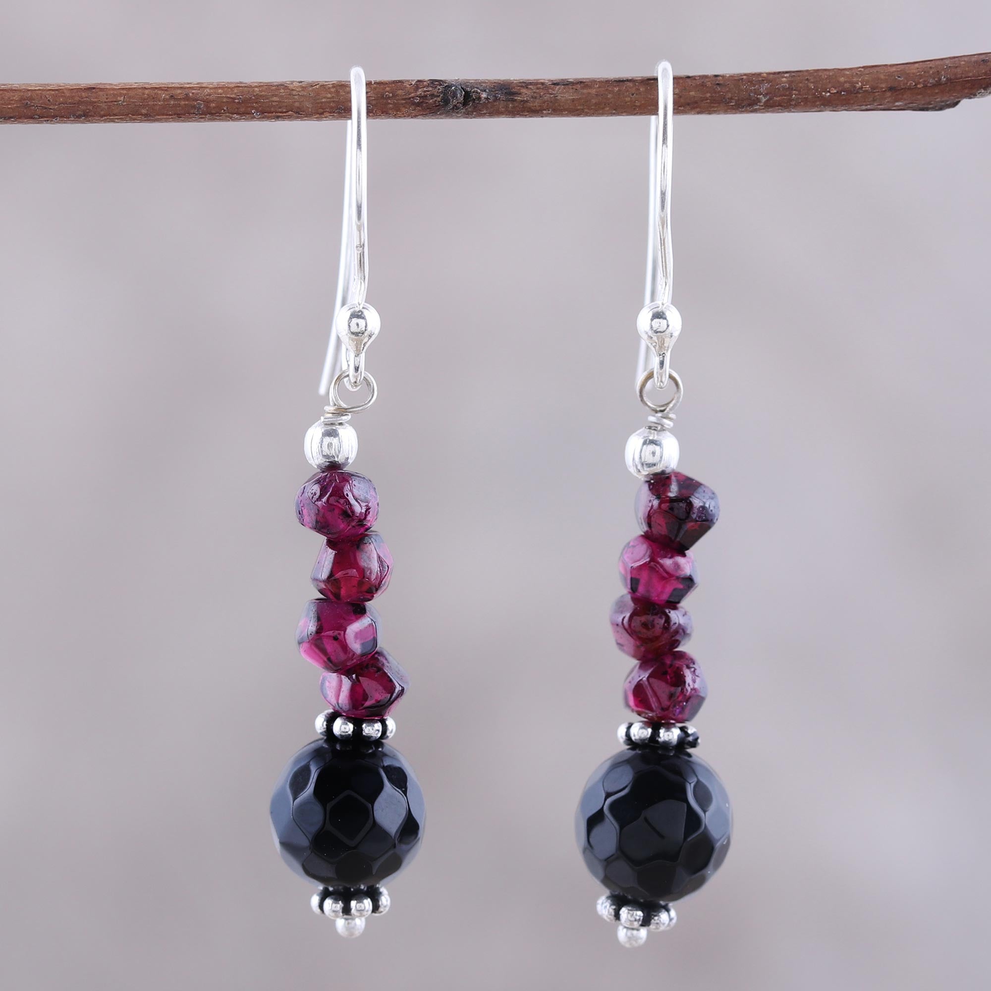 Premium Night of Passion Garnet & Onyx Dangle Earrings