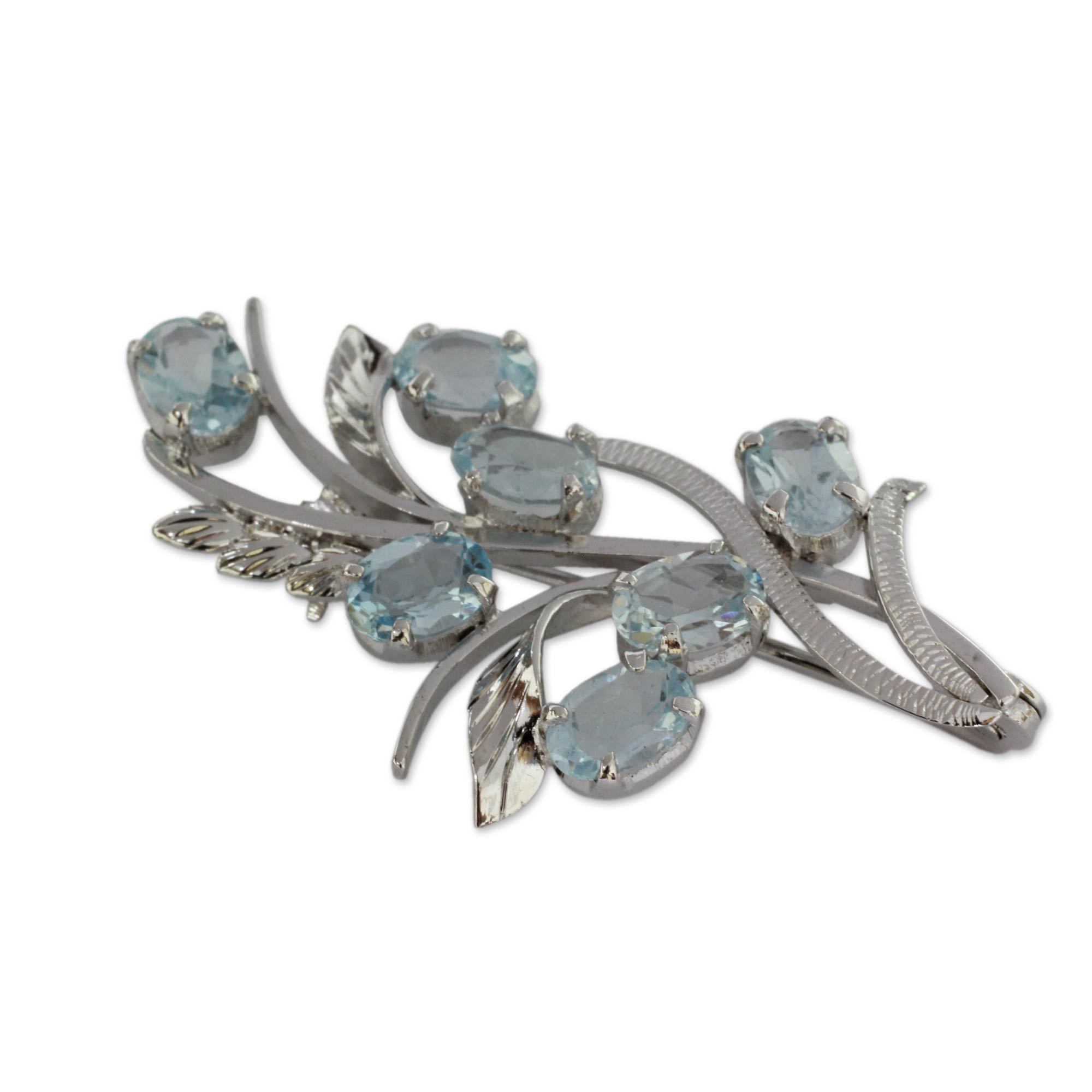 Premium Blossoming Blue Topaz & Sterling Silver Brooch - Handcrafted Elegance