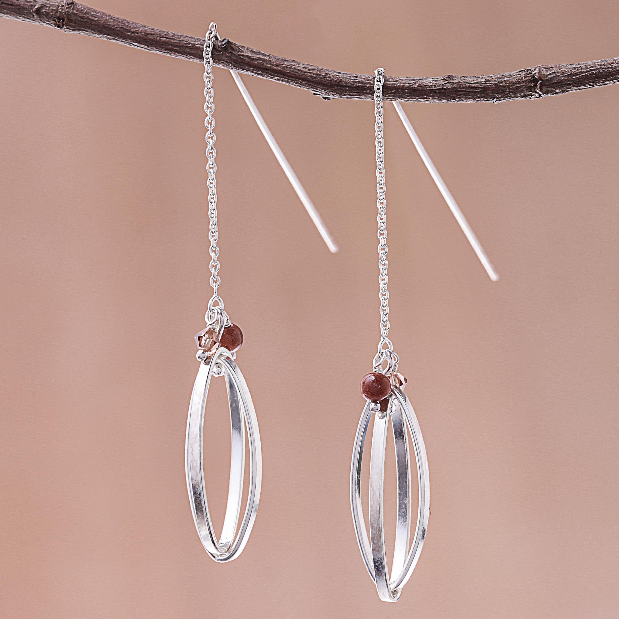 Premium Nested Ellipse Sterling Silver Threader Earrings with Glass Beads