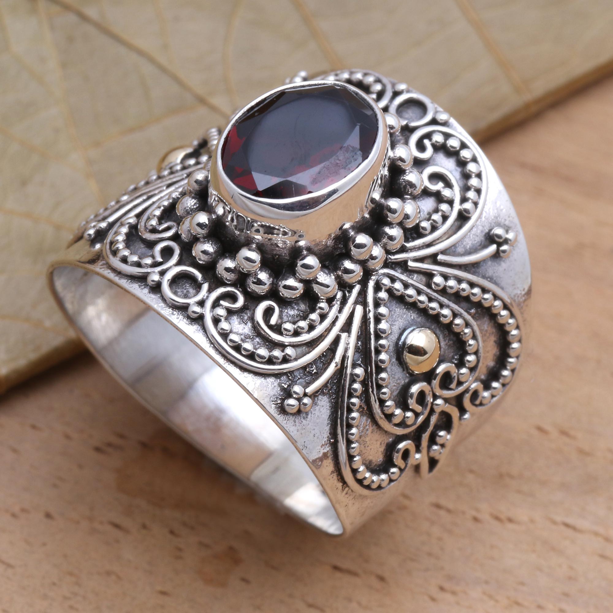 Premium Oval Garnet Ring with Balinese Silver & Gold Accents