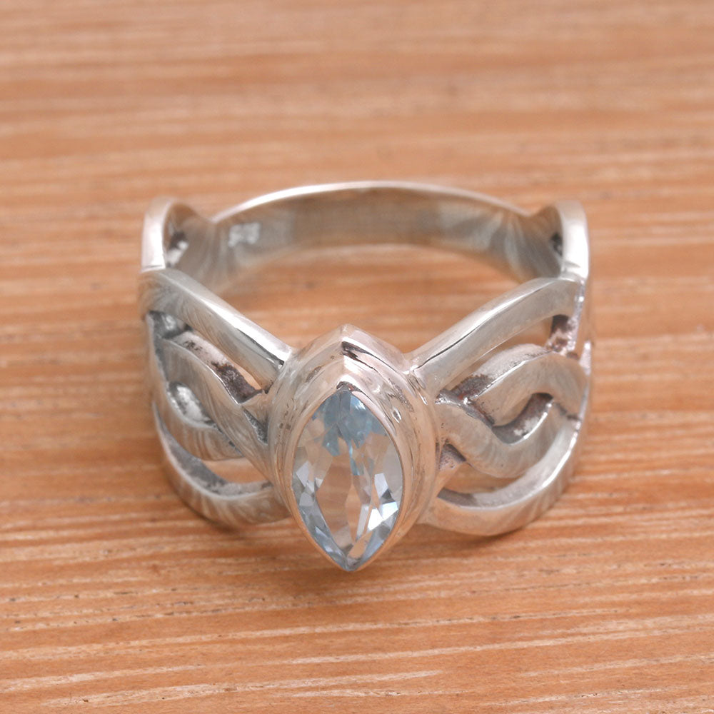 Premium Aurora Wave Blue Topaz Sterling Silver Cocktail Ring - Handcrafted in Bali