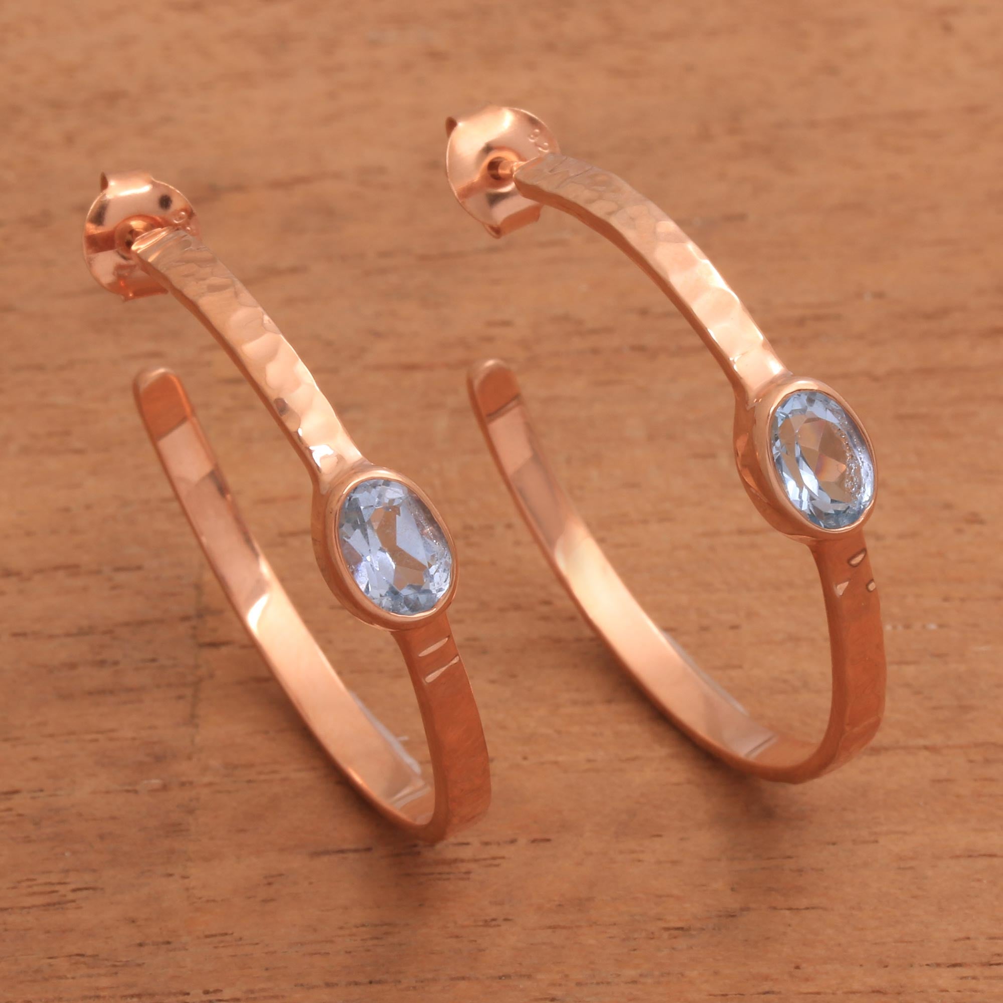 Premium Paradox Rose Gold Plated Blue Topaz Elegant Hoop Earrings