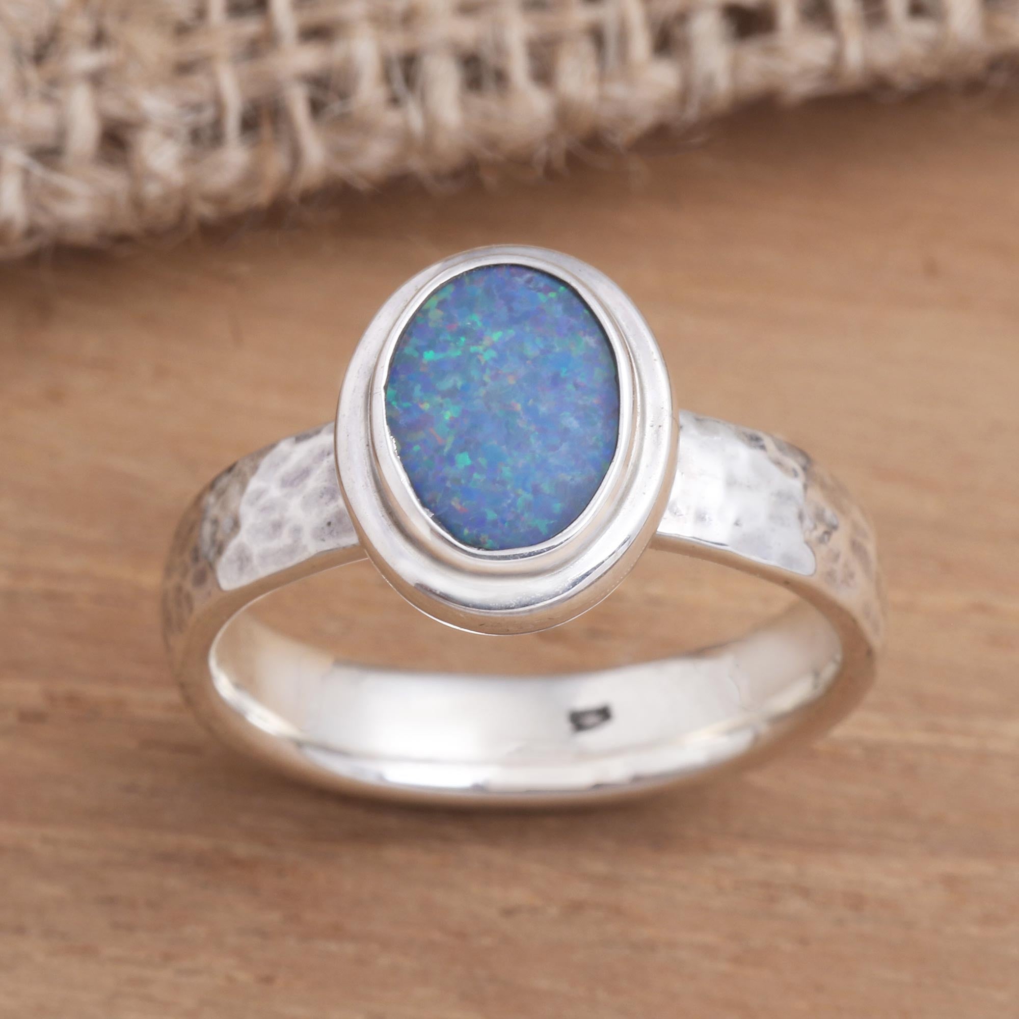 Premium Bali Blue Opal Cocktail Ring - Handcrafted Sterling Silver Jewelry