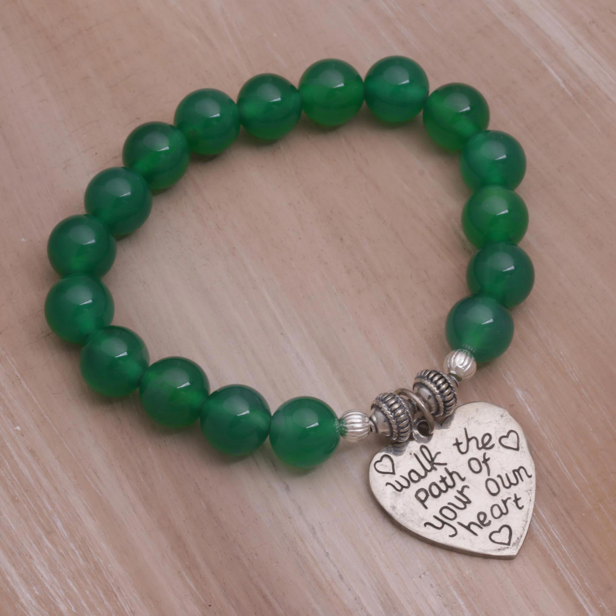 Premium Green Agate & Heart Charm Beaded Bracelet - Walk the Path of Love