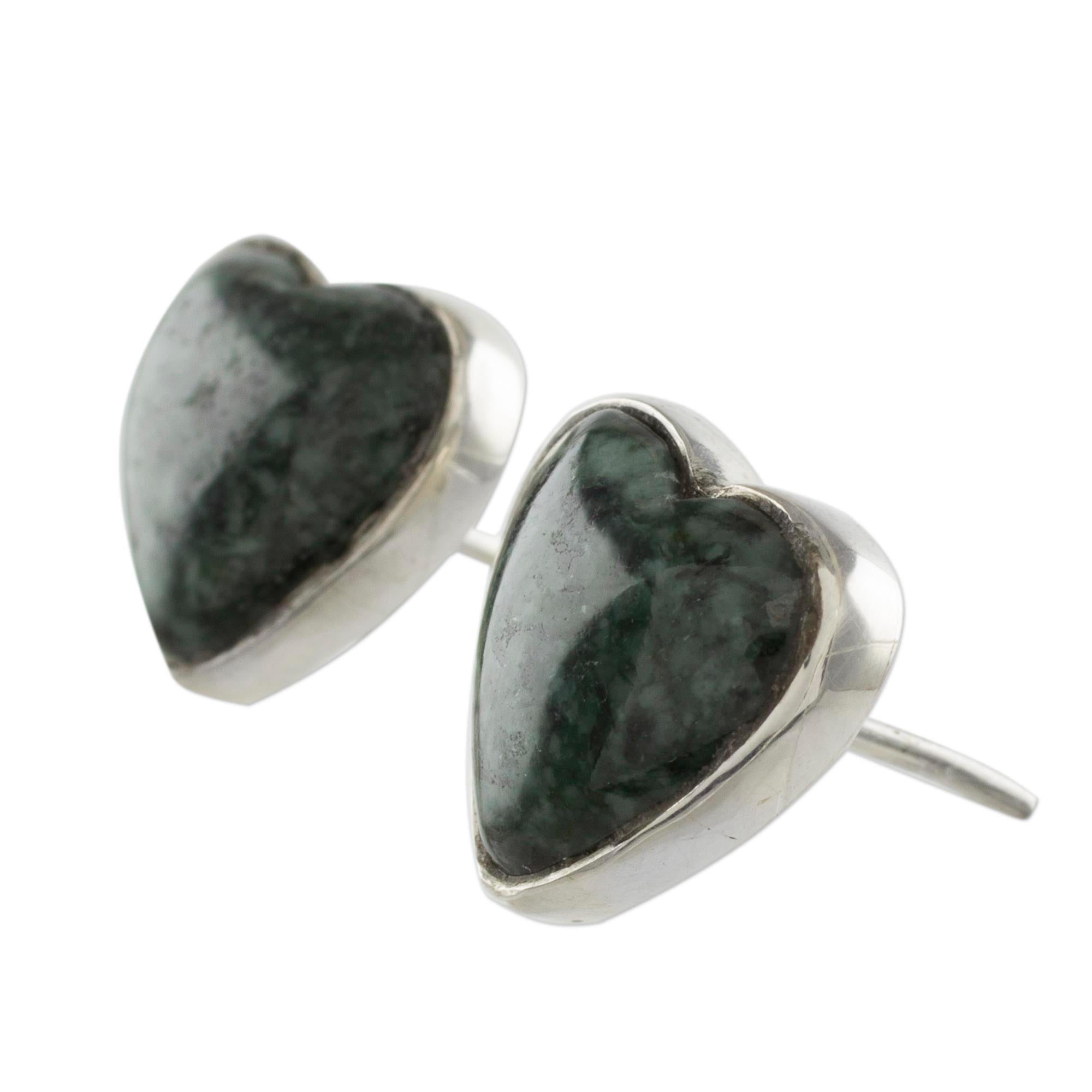 Premium Dark Green Jade Heart Earrings - Handcrafted Sterling Silver Jewelry