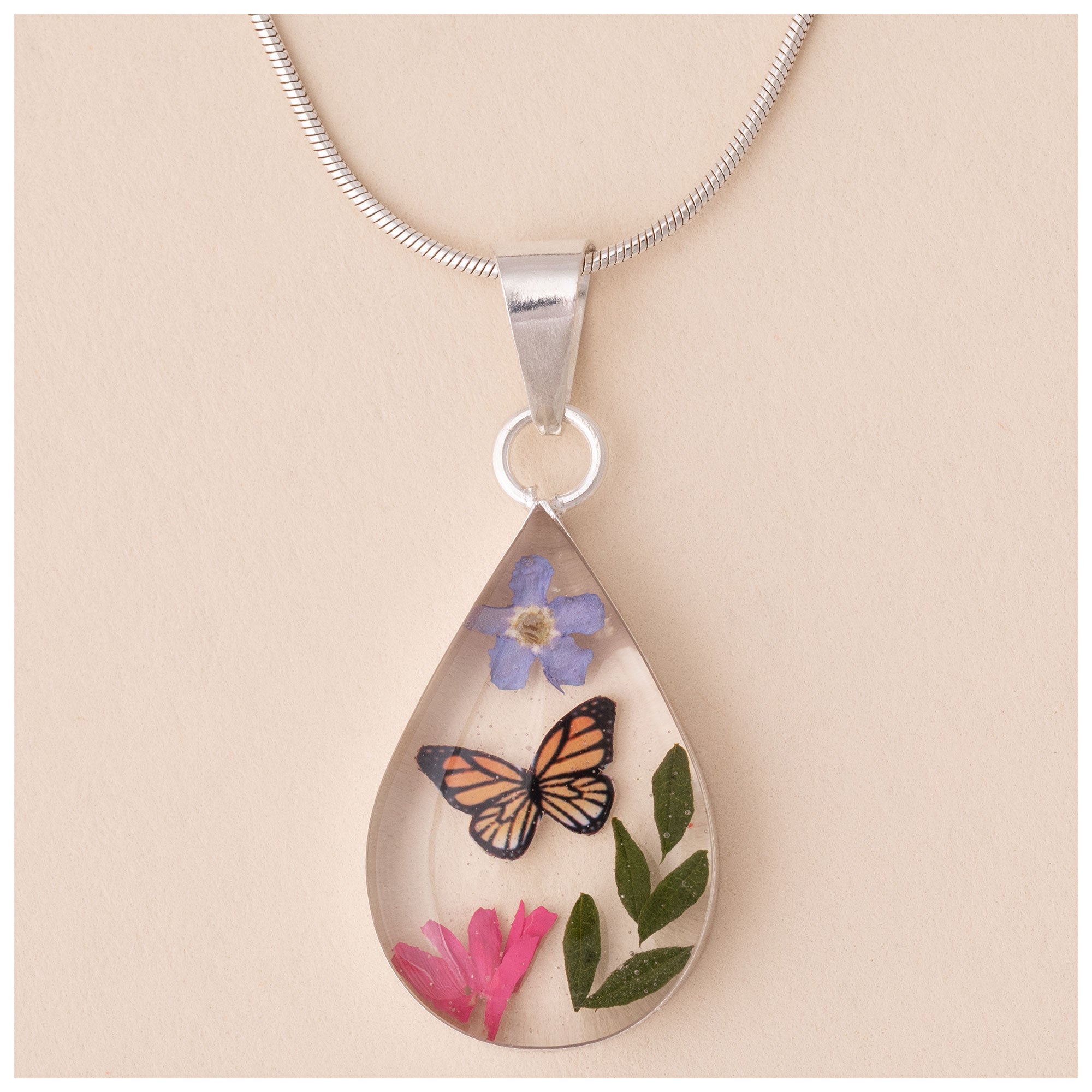 Premium Teardrop Flower Necklace with Sterling Silver & Butterfly Design