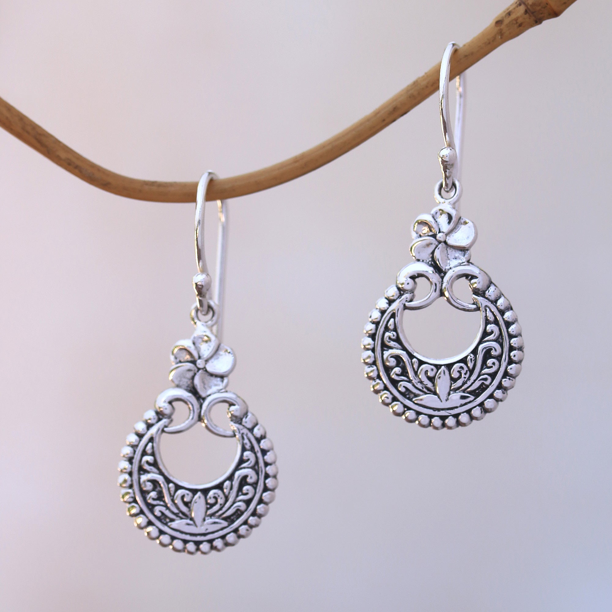 Premium Frangipani Crescents Sterling Silver Dangle Earrings - Handcrafted in Bali