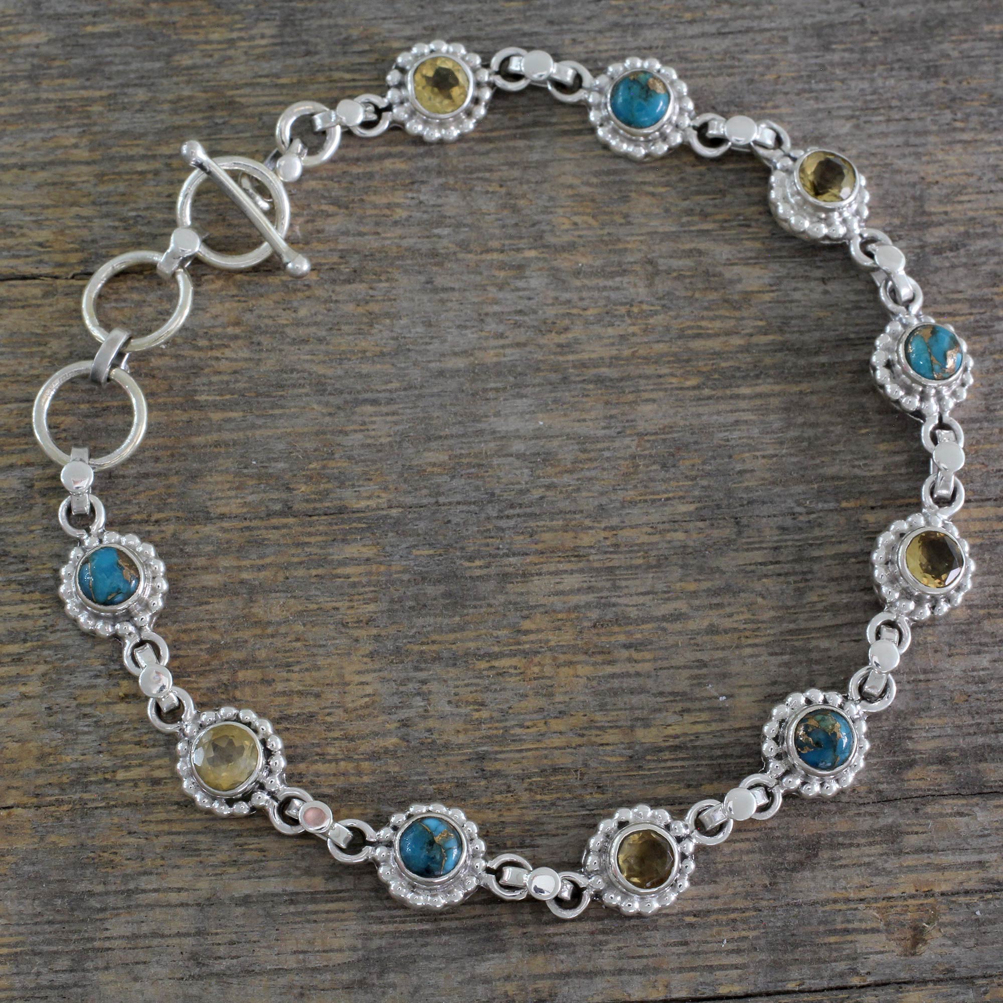 Premium Petite Floral Sterling Silver Bracelet with Citrine & Turquoise