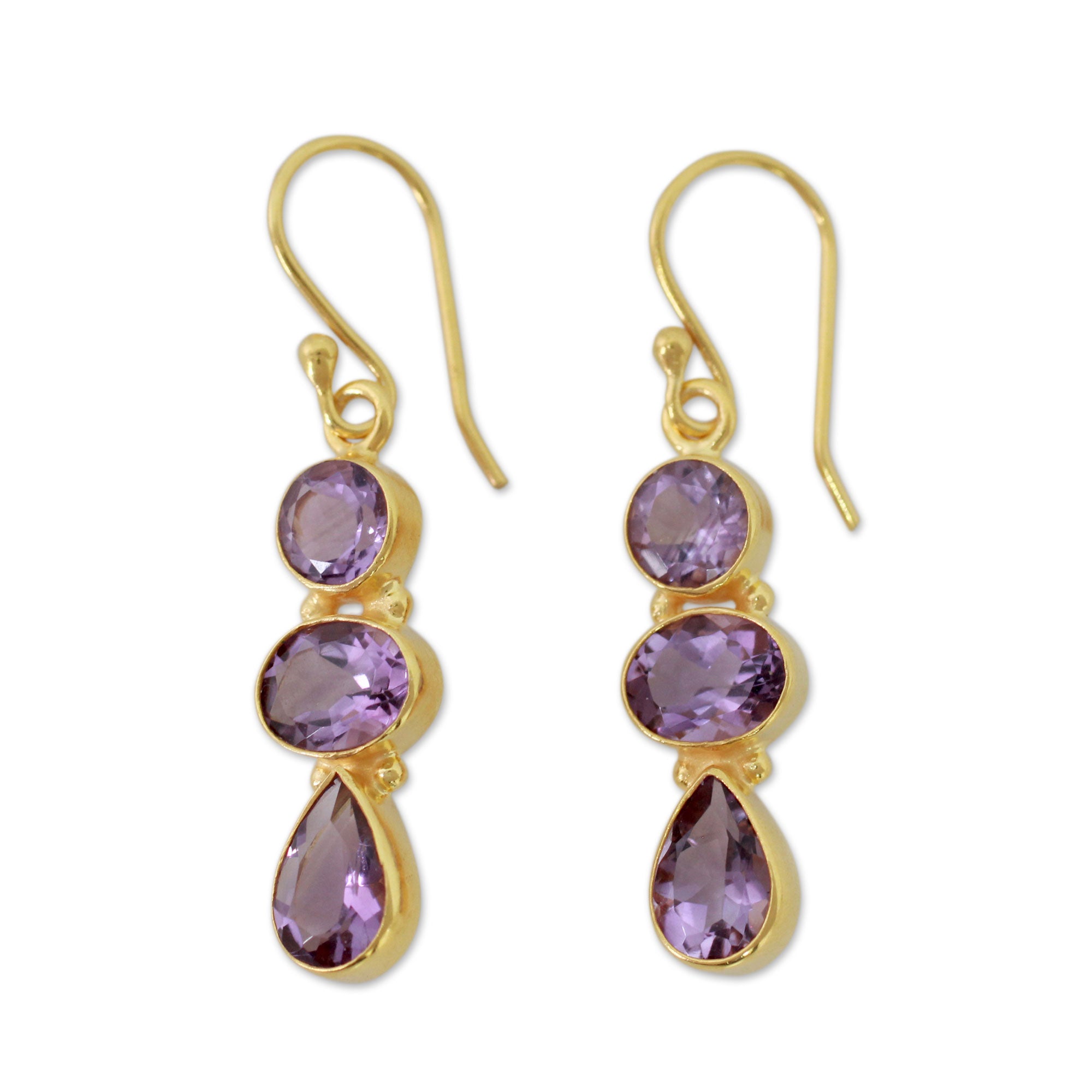 Premium Lilac Triad Amethyst Gold-Plated Dangle Earrings - Ultimate Elegance