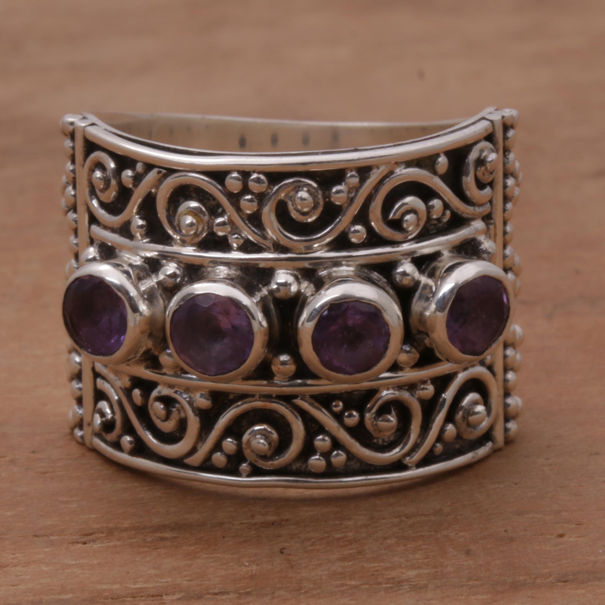 Premium Bali Amethyst Sterling Silver Ring - Elegant Multi-Stone Design