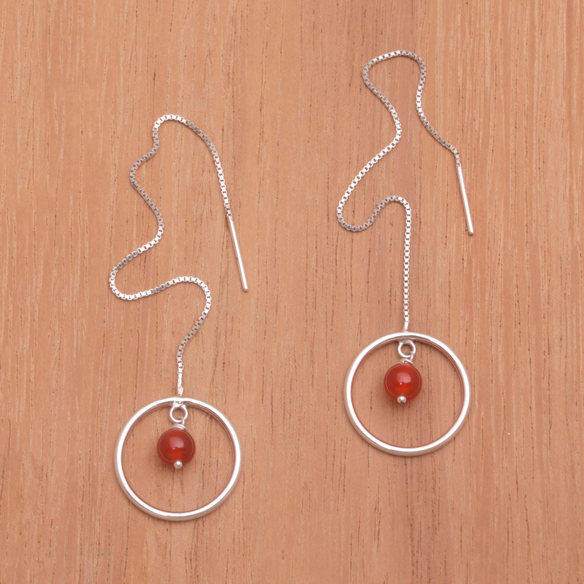 Premium Soulful Rings Carnelian Sterling Silver Threader Earrings - Handcrafted in Bali