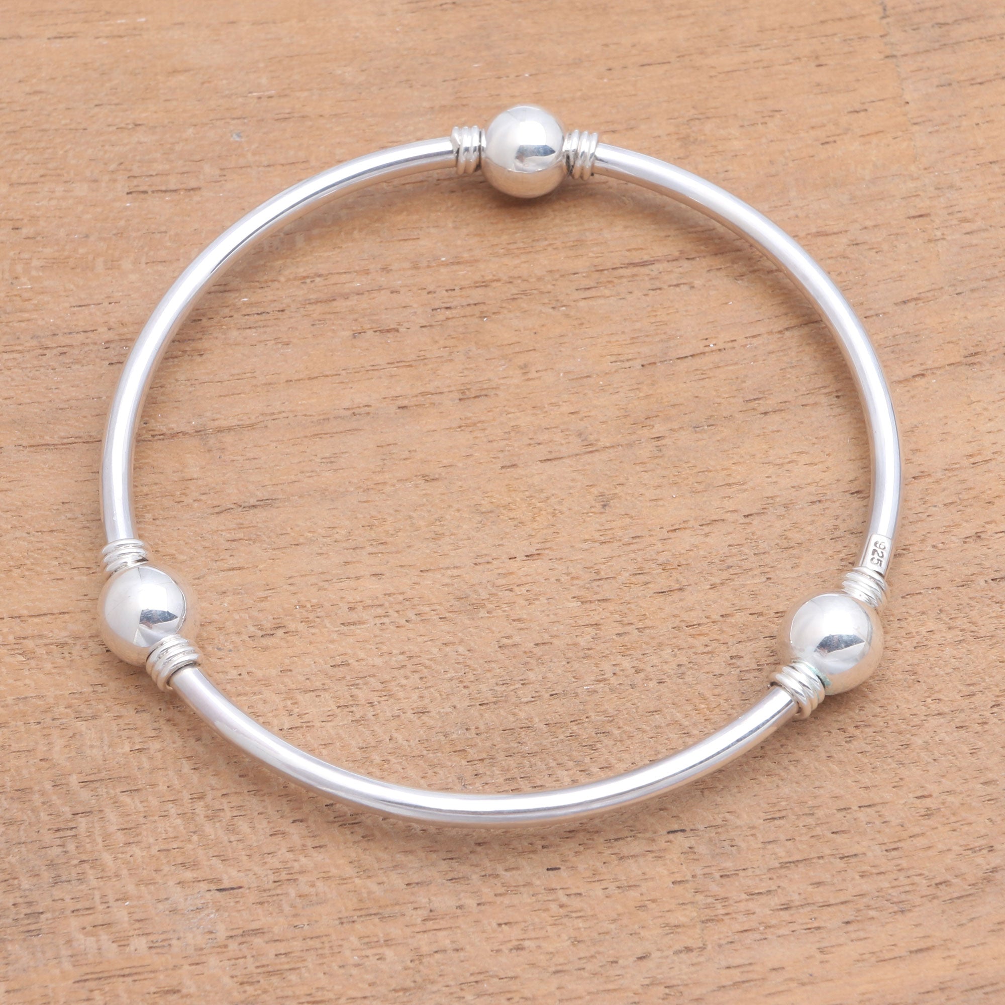 Premium Round Trio Orb Motif Sterling Silver Bangle Bracelet - Handcrafted in Bali