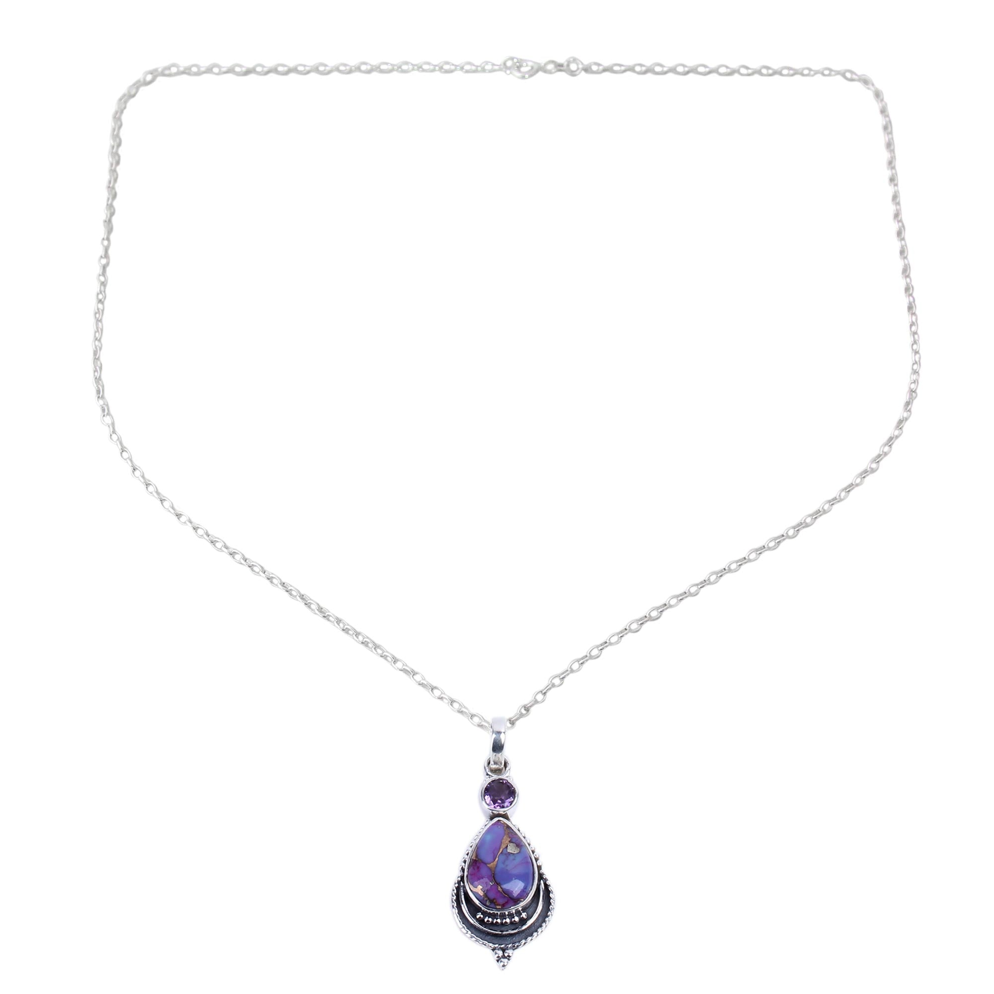 Premium Mughal Lilac Silver Necklace with Amethyst and Composite Turquoise - Ultimate Royal Elegance