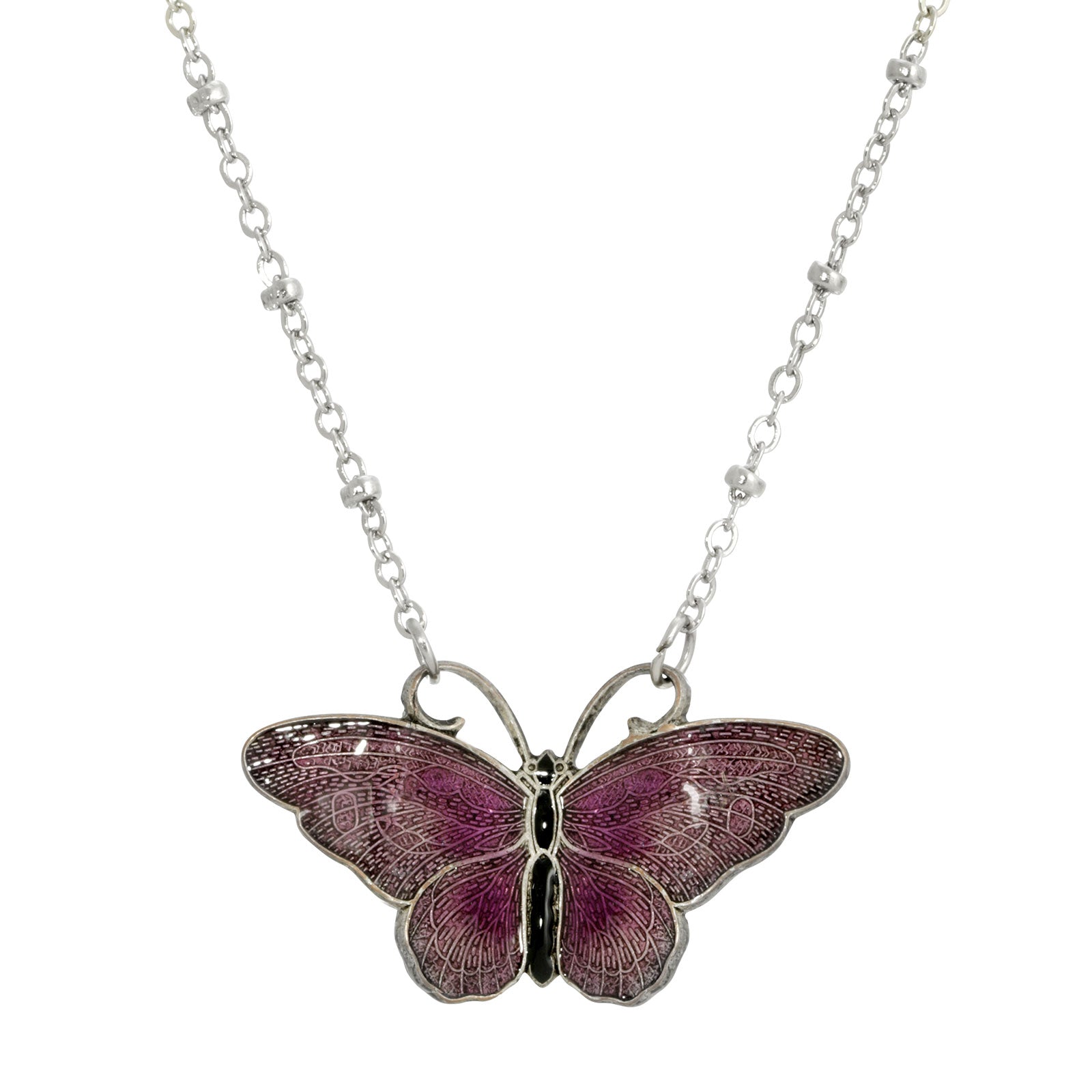 Premium Silver-Tone Purple & Black Enamel Butterfly Necklace - Adjustable 16