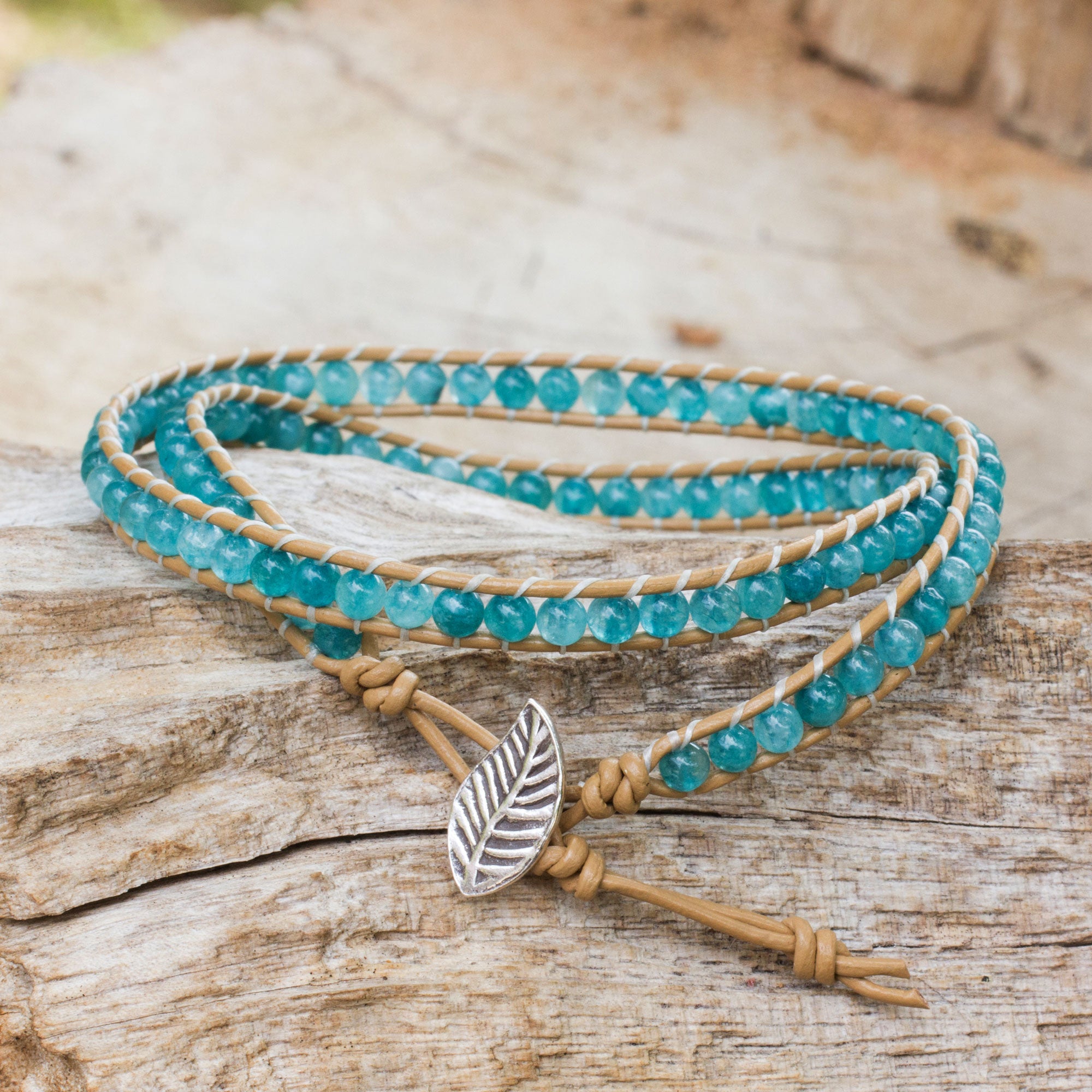 Premium Hill Tribe Handmade Wrap Bracelet - Ice Blue Quartz & Brown Leather