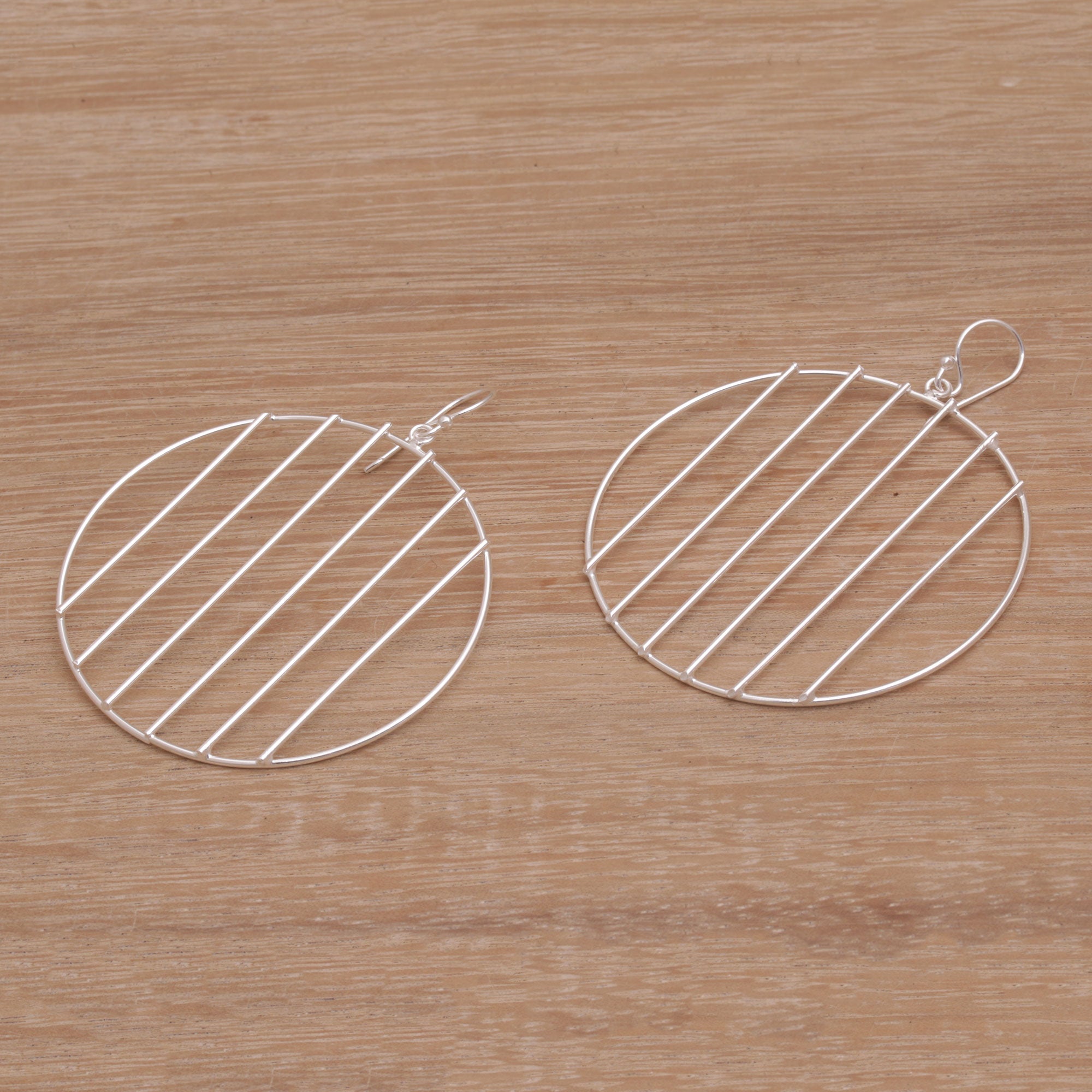 Premium Sterling Silver Vertical Line Circle Dangle Earrings by Desi Antari