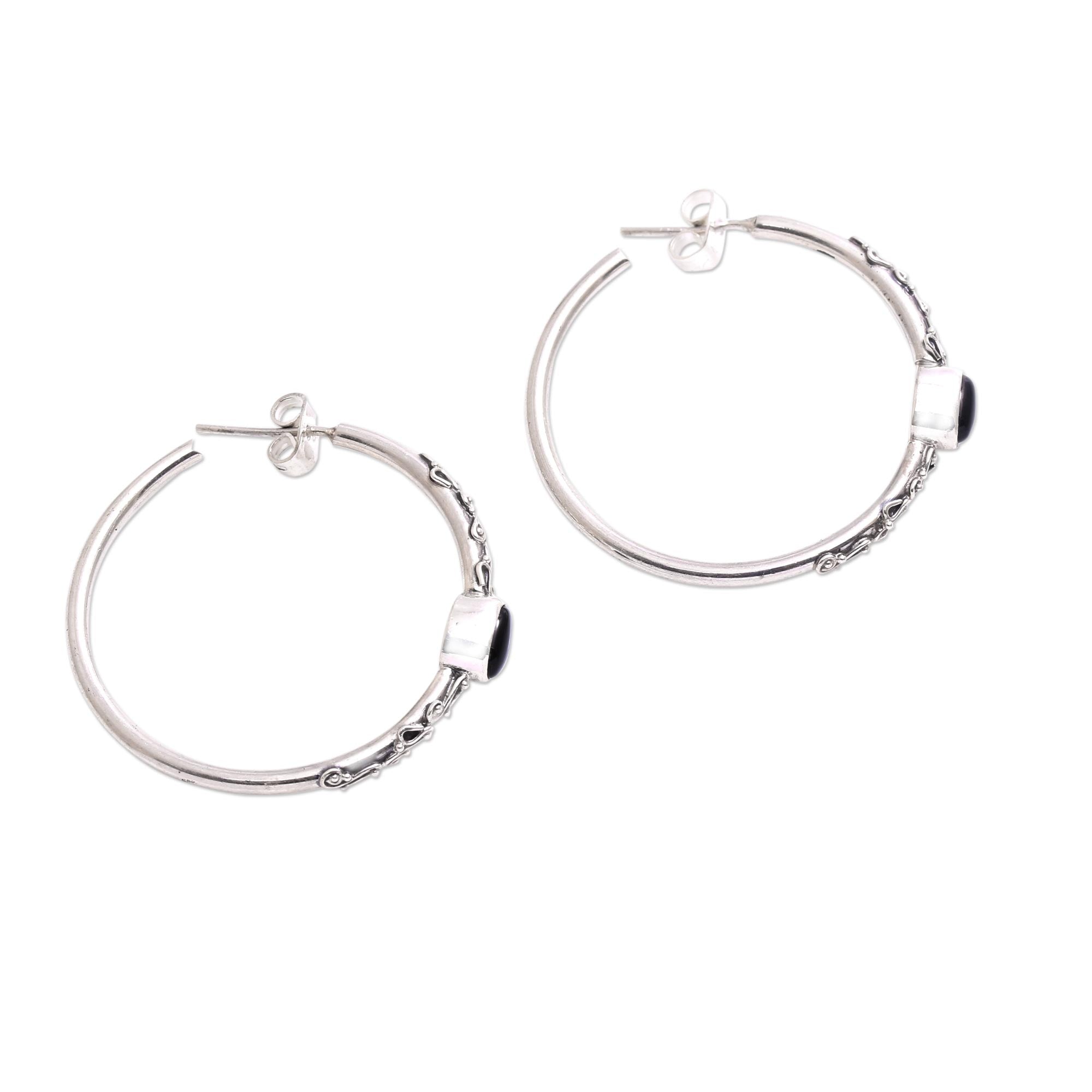 Premium Bali Memories Onyx Half-Hoop Earrings - Handcrafted Sterling Silver Jewelry