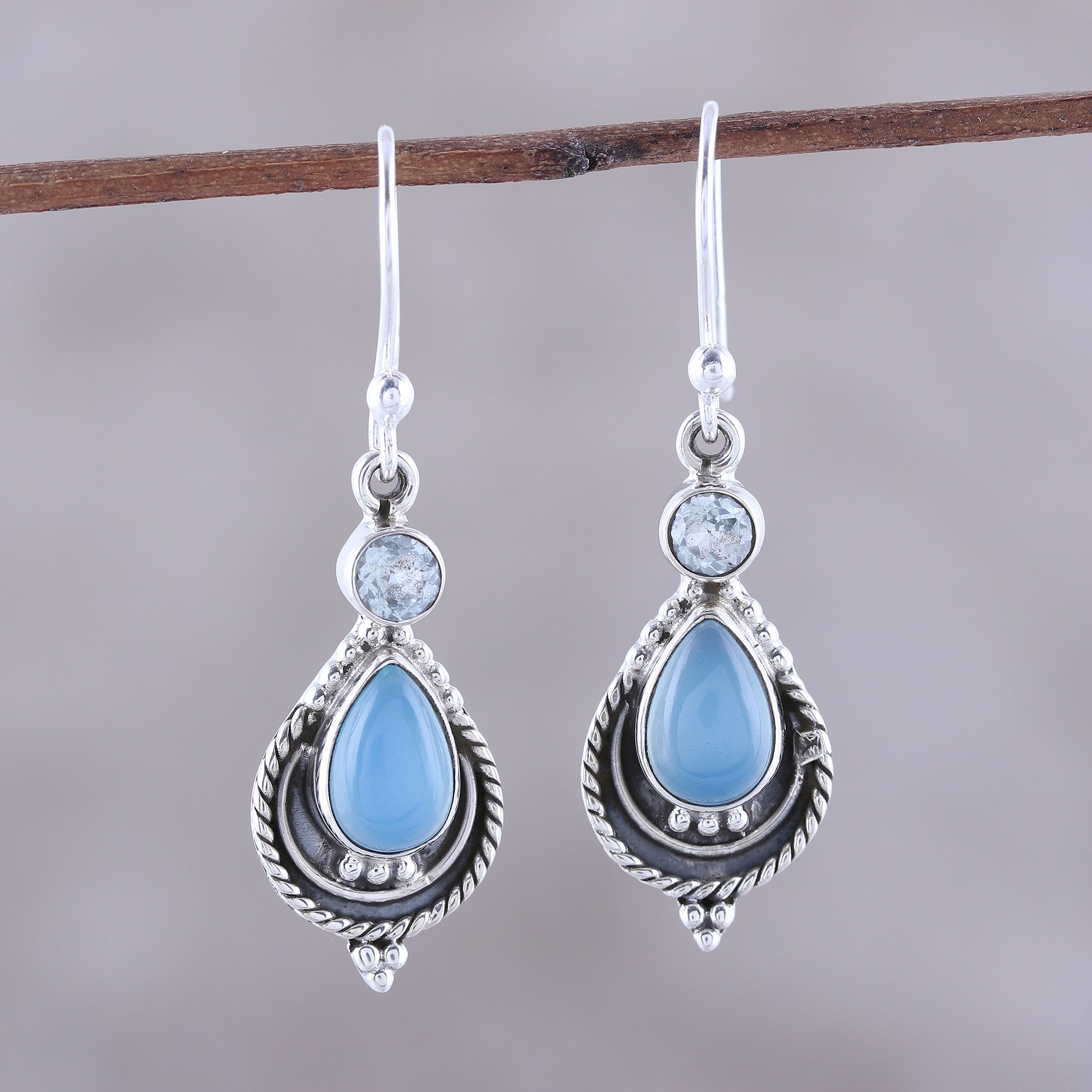 Premium Sky Fascination Chalcedony & Blue Topaz Dangle Earrings – Handcrafted in India