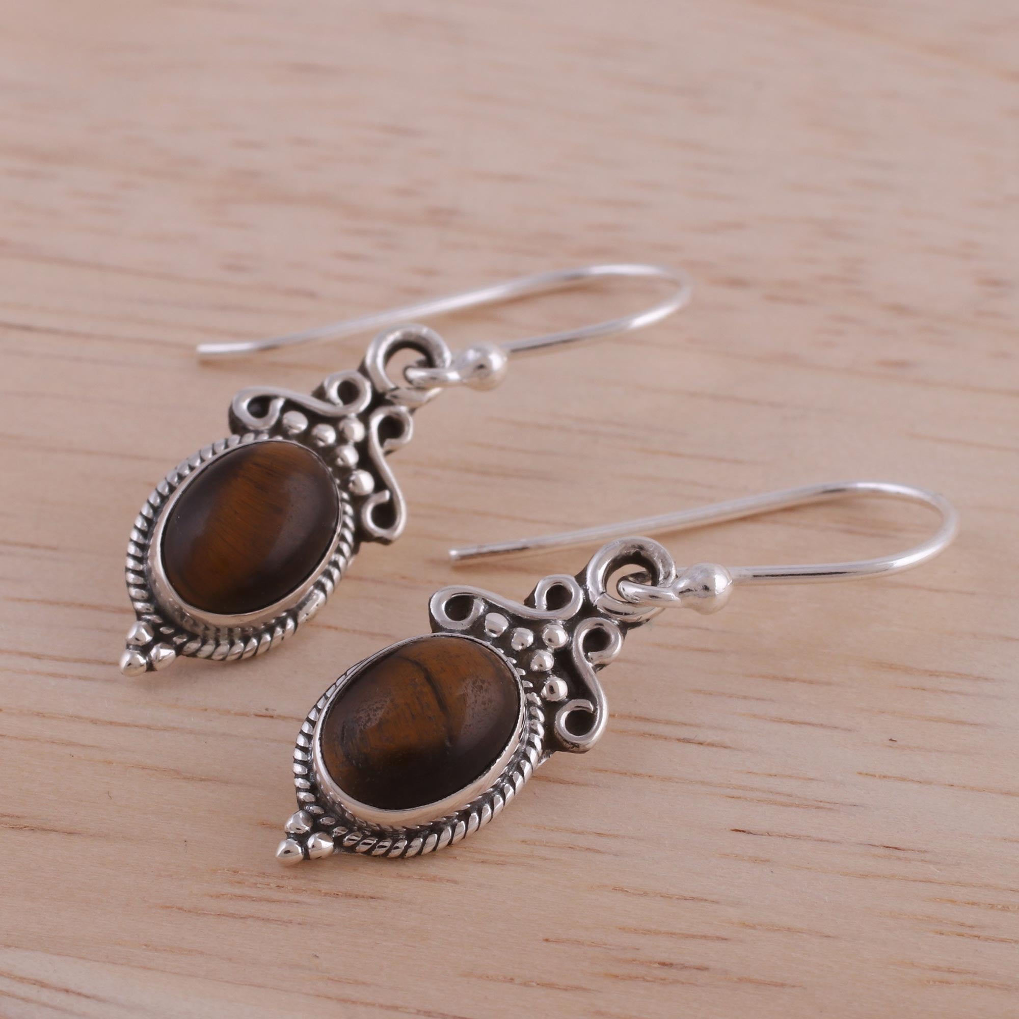 Premium Tiger's Eye Sterling Silver Dangle Earrings - Handcrafted in India