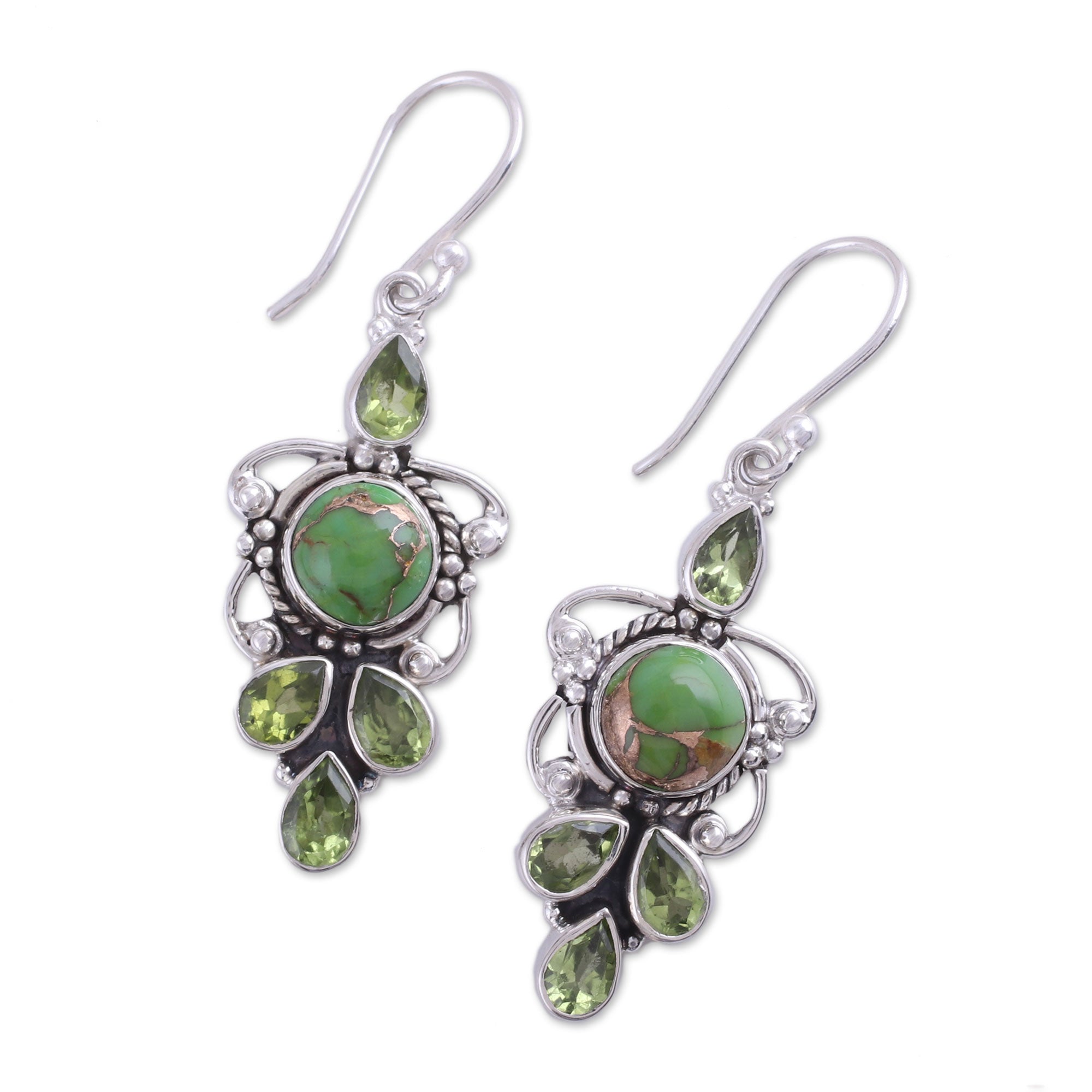 Premium Glittering Green Peridot & Turquoise Sterling Silver Dangle Earrings