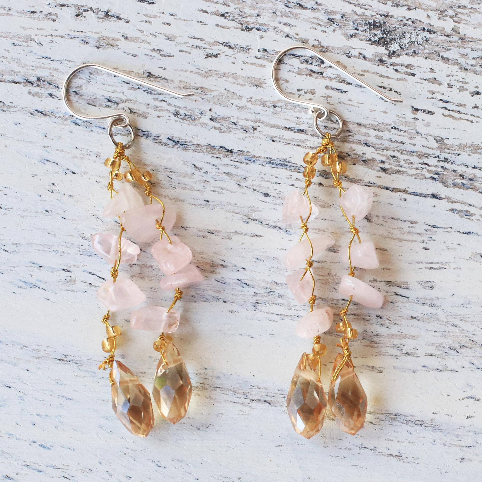 Premium Rose Quartz Dangle Earrings with Glass Beads – Handcrafted in Thailand