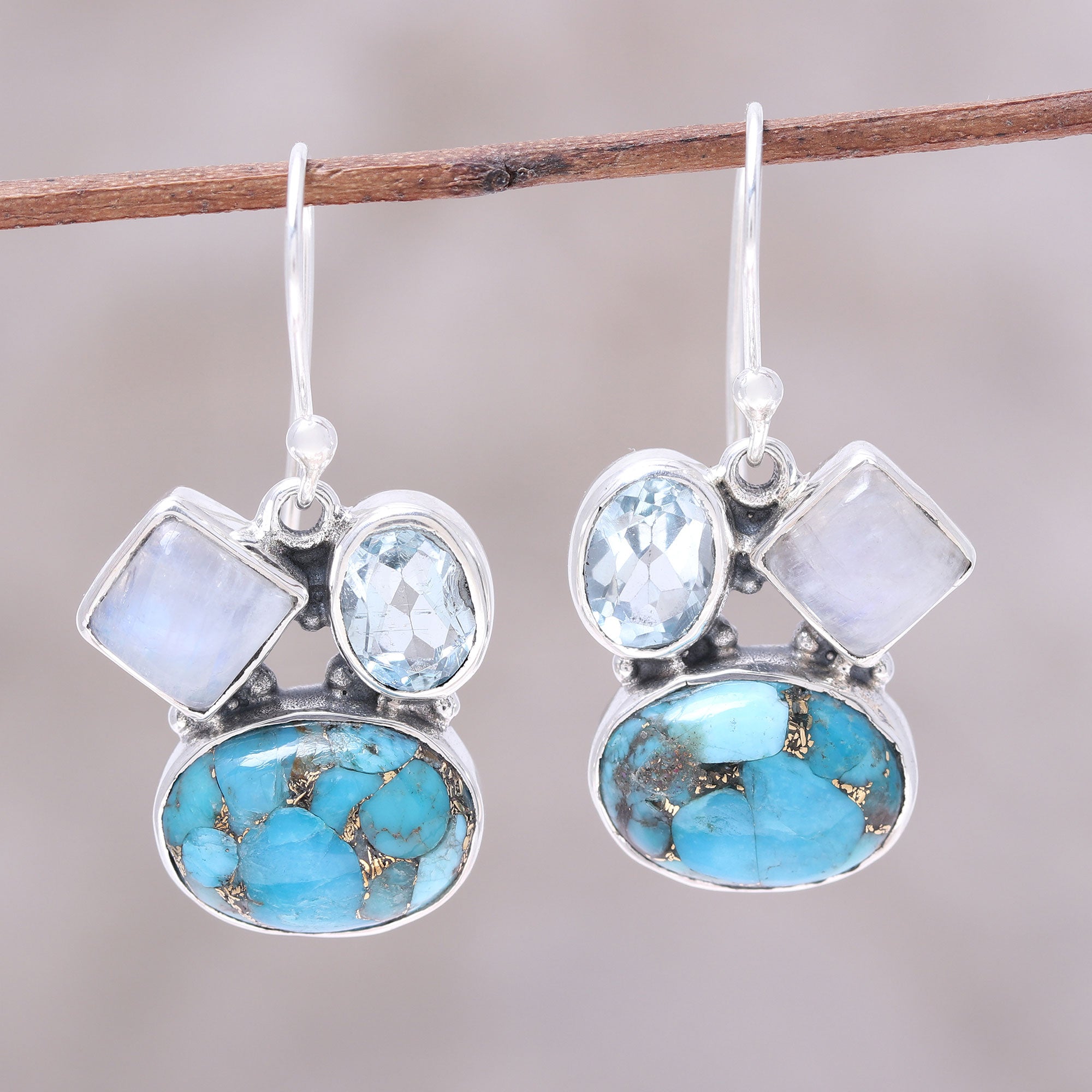 Premium Crystalline Waters Dangle Earrings: Blue Topaz & Rainbow Moonstone