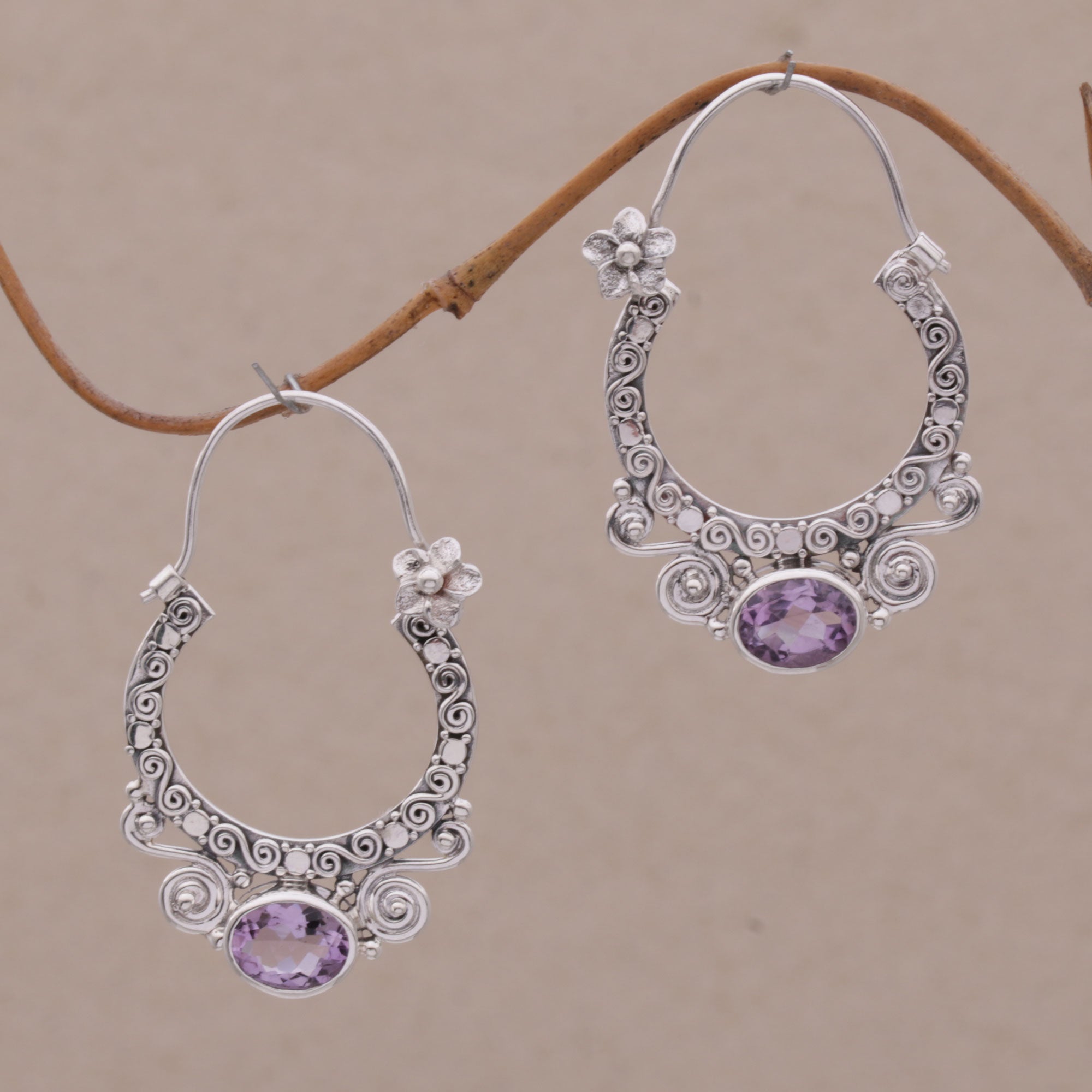 Premium Spiral Arches Amethyst & Silver Hoop Earrings