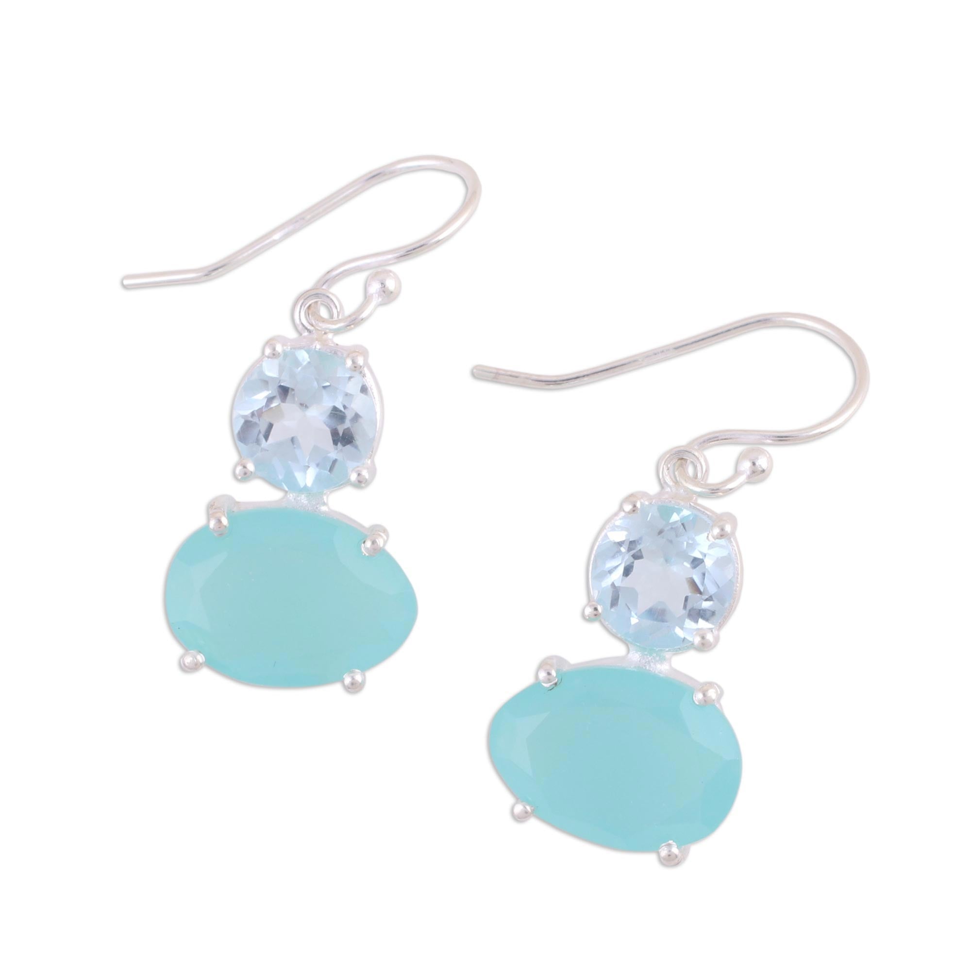 Premium Regal Air Blue Topaz & Chalcedony Dangle Earrings - Elegant Hook Design