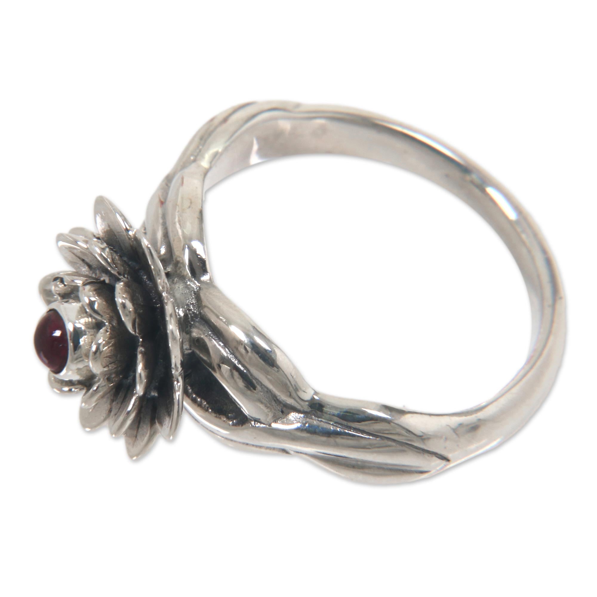 Premium Red-Eyed Lotus Sterling Silver Garnet Ring - Handcrafted Elegance