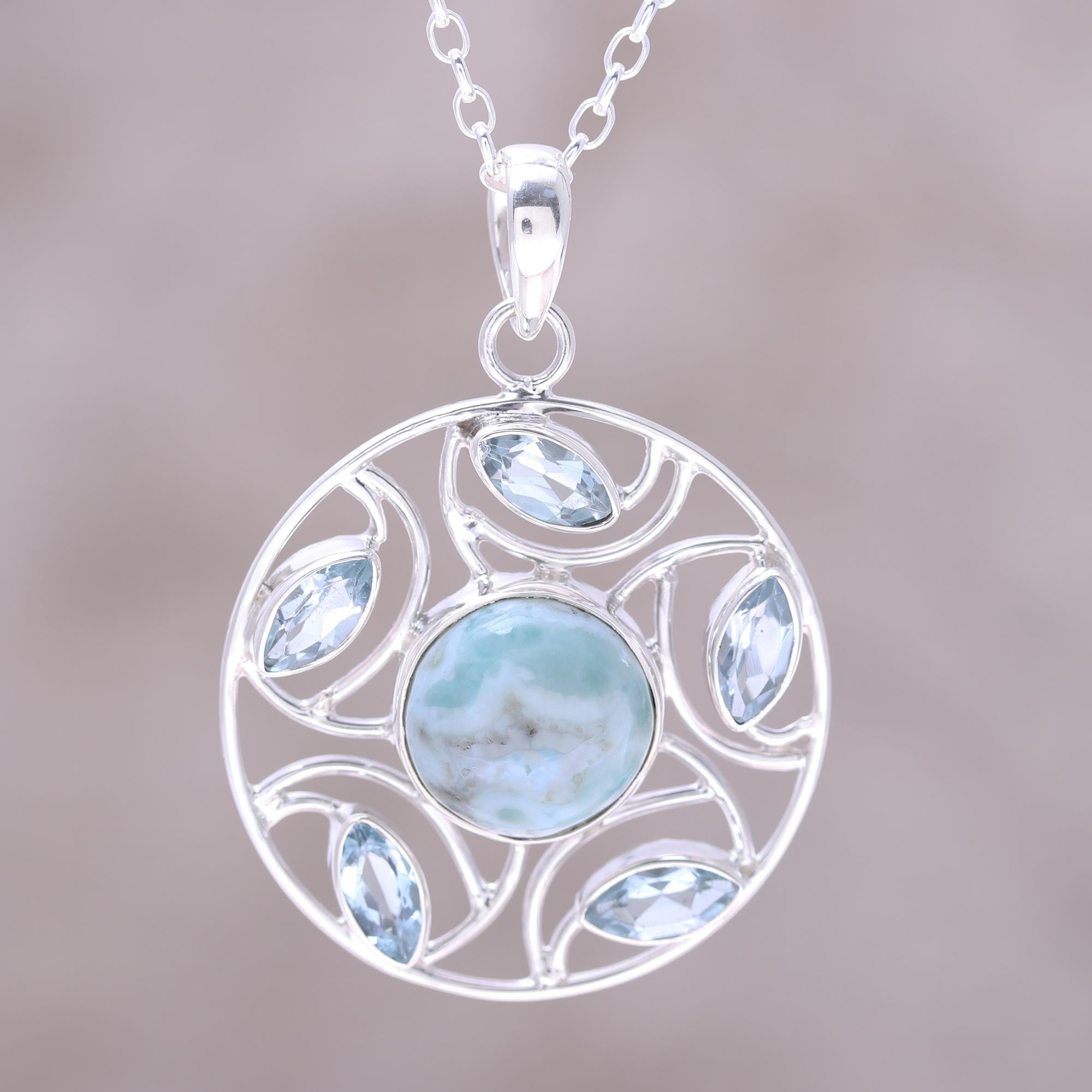 Premium Sterling Silver Larimar & Blue Topaz Wheel Pendant Necklace