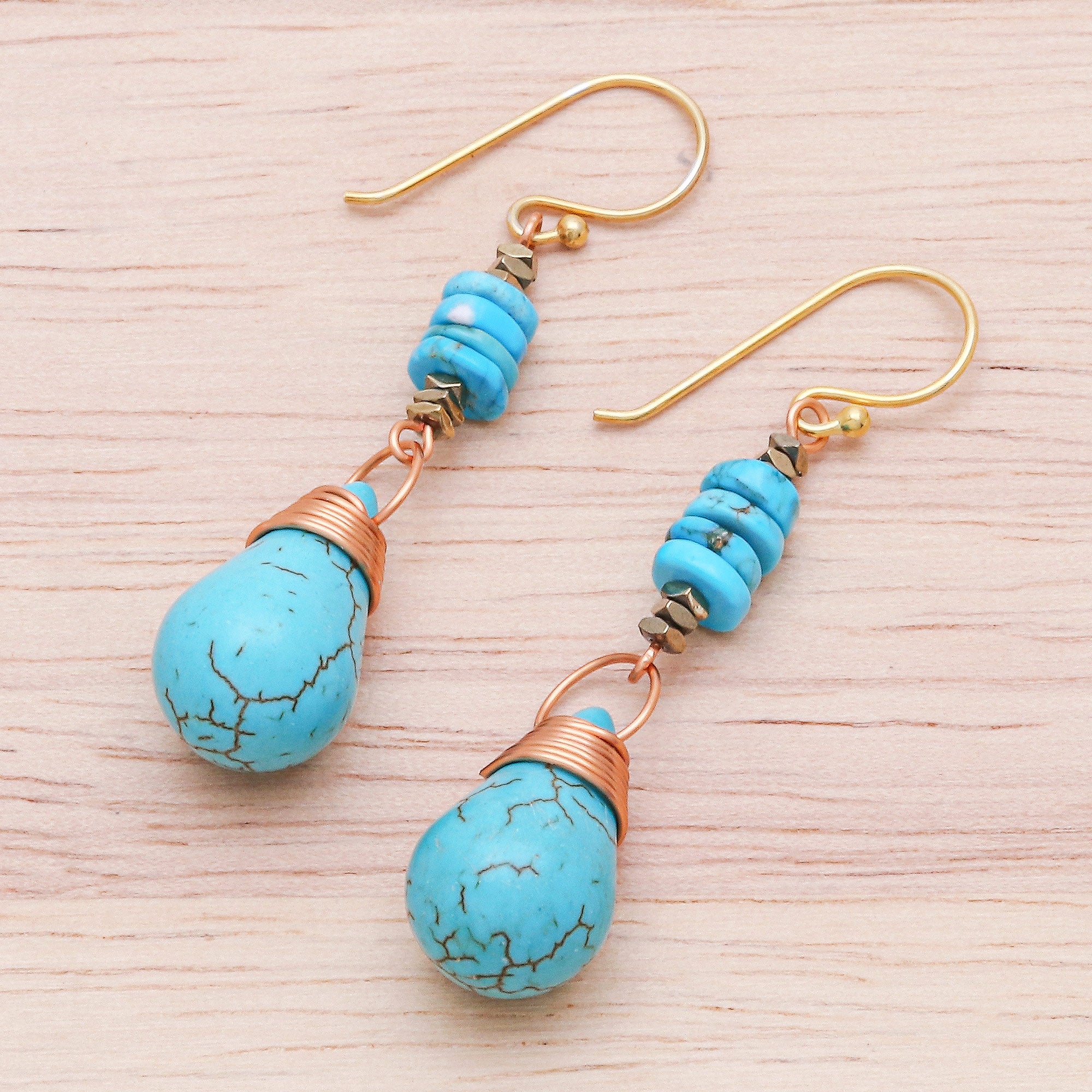 Premium Rainshower Howlite Pyrite Turquoise Dangle Earrings - Handcrafted Elegance