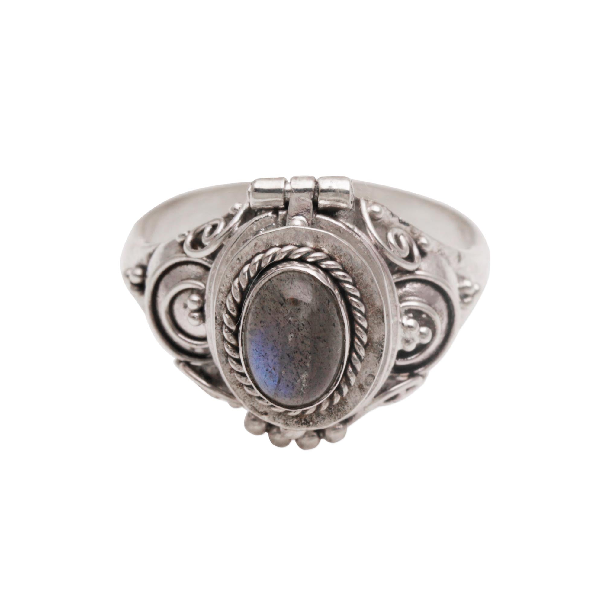 Premium Shimmering Shrine Labradorite Locket Ring – Bali Handcrafted Jewelry