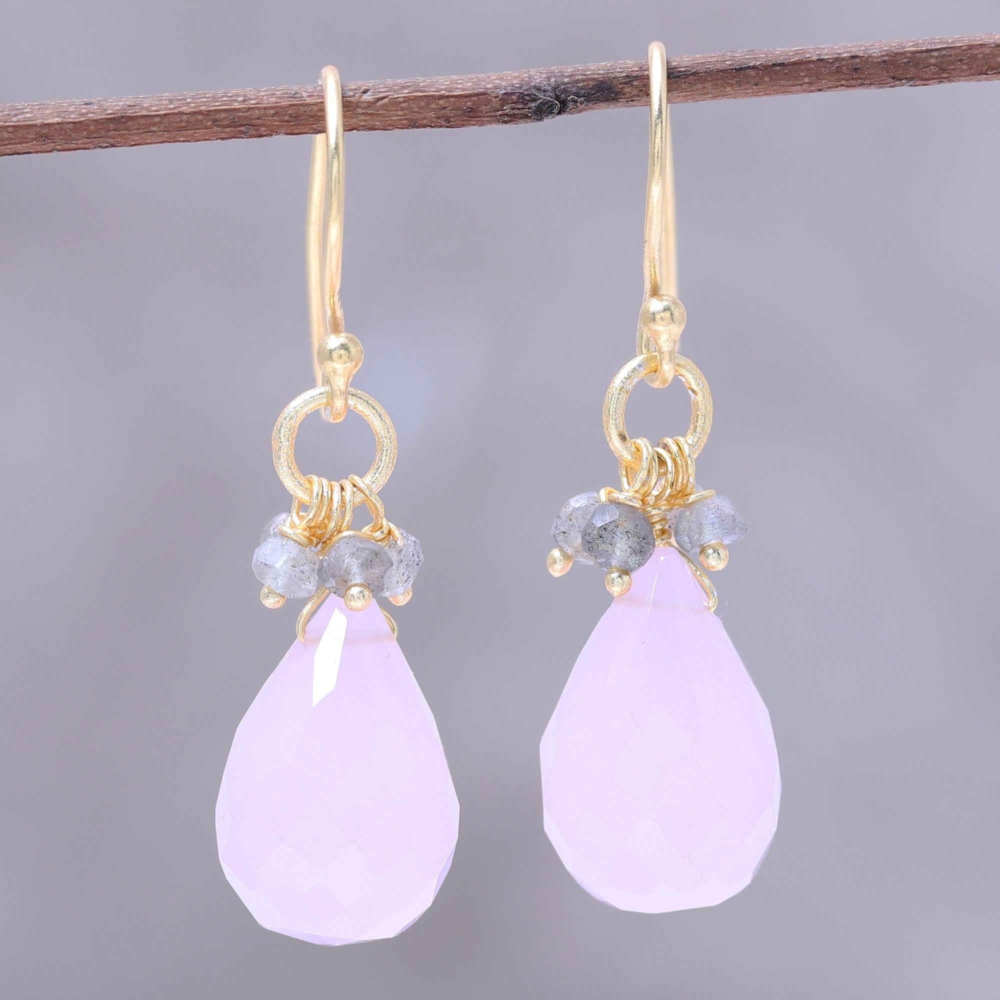 Premium Glittering Pink Drops: 22k Gold Plated Rose Quartz & Labradorite Dangle Earrings