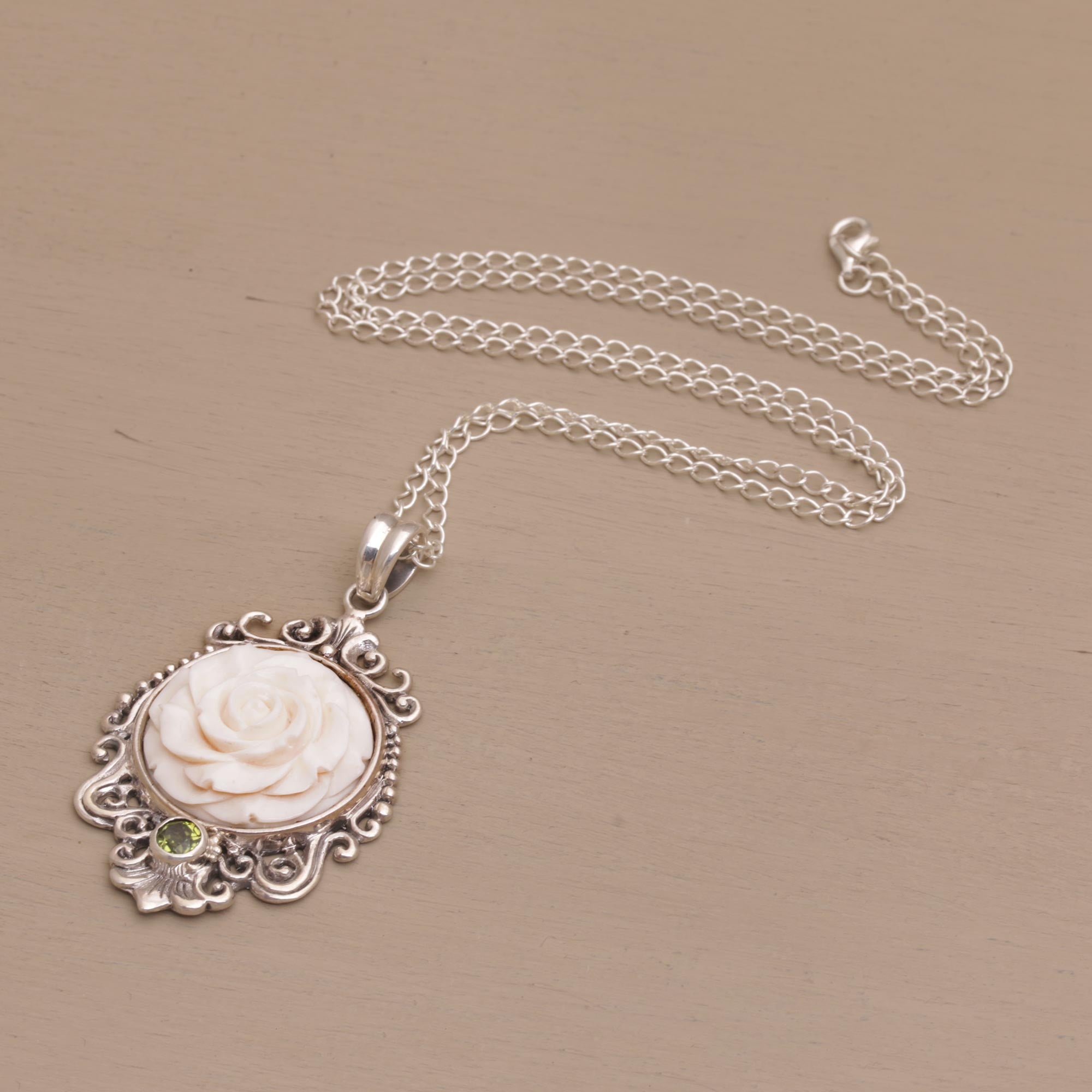 Premium Dreamy Rose Pendant Necklace with Peridot Accent