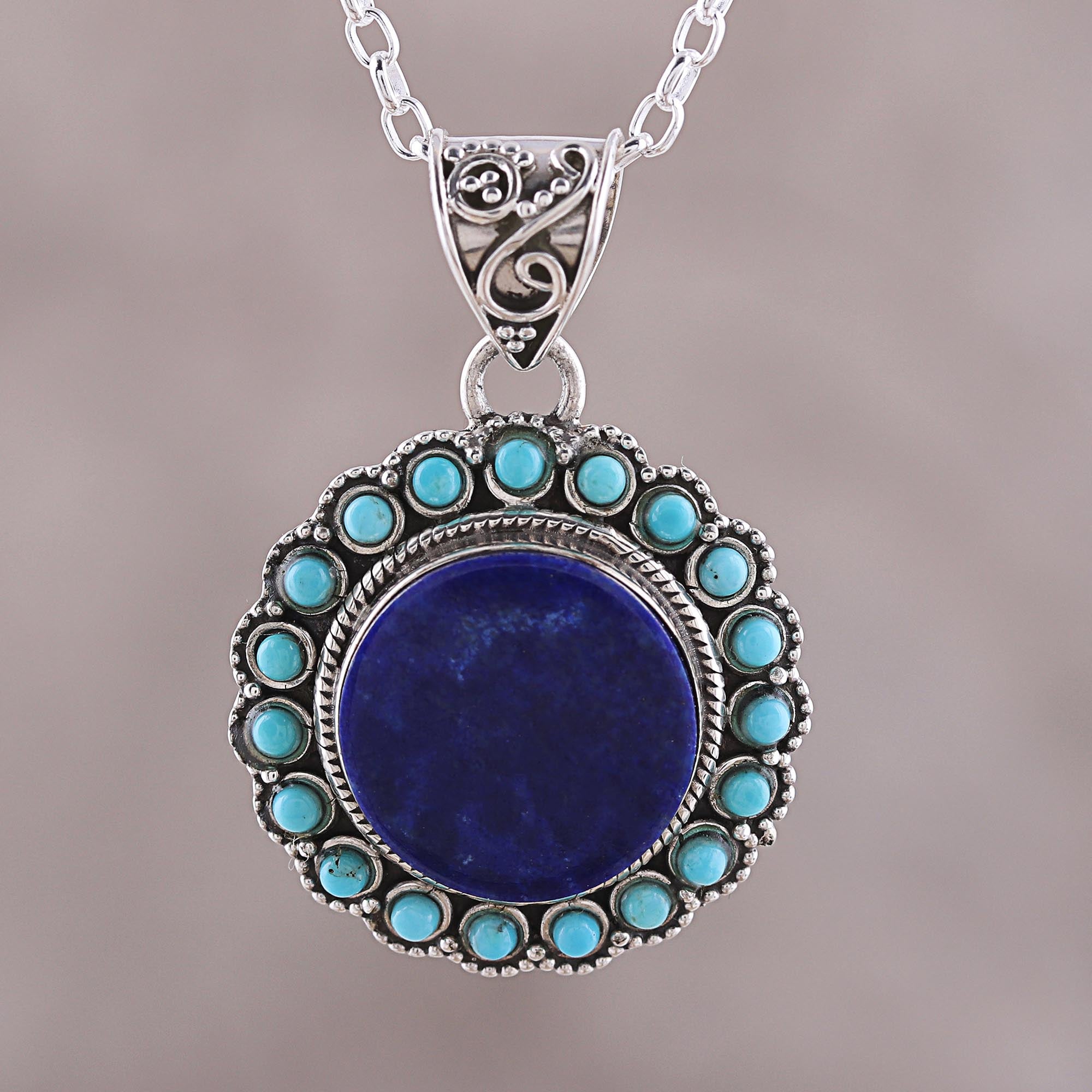 Premium Glamorous Bloom Lapis Lazuli & Turquoise Pendant Necklace