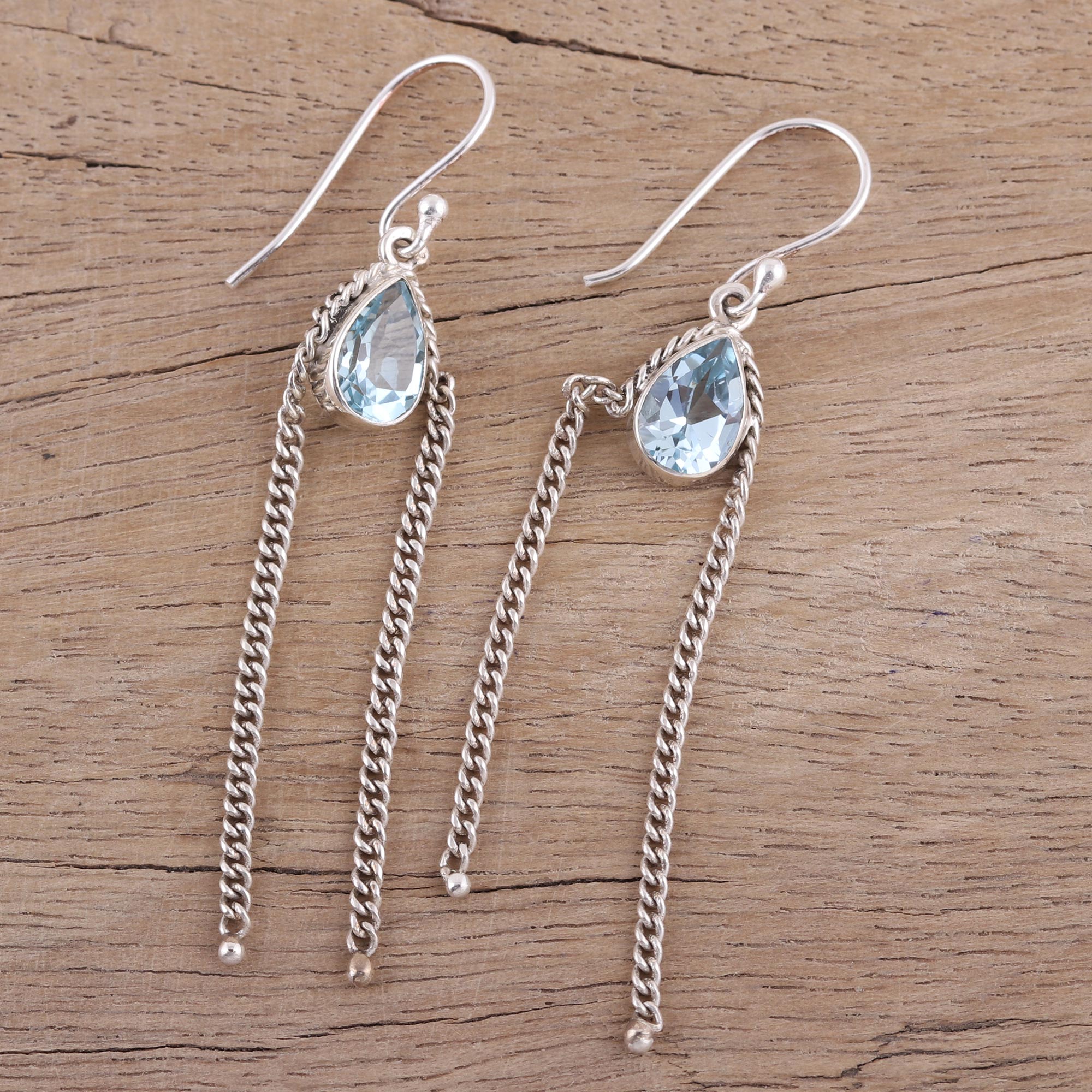 Premium Sky Chains Teardrop Blue Topaz Dangle Earrings - Handcrafted in India