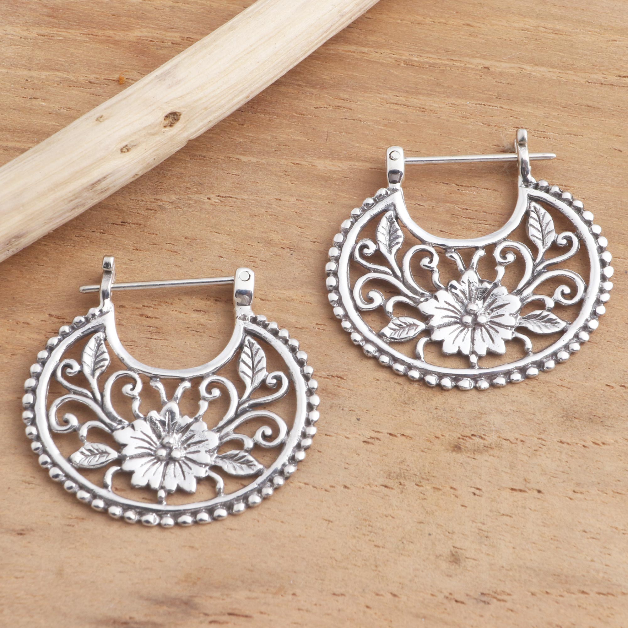 Premium Balinese Sterling Silver Hoop Earrings - Floral Curves Design