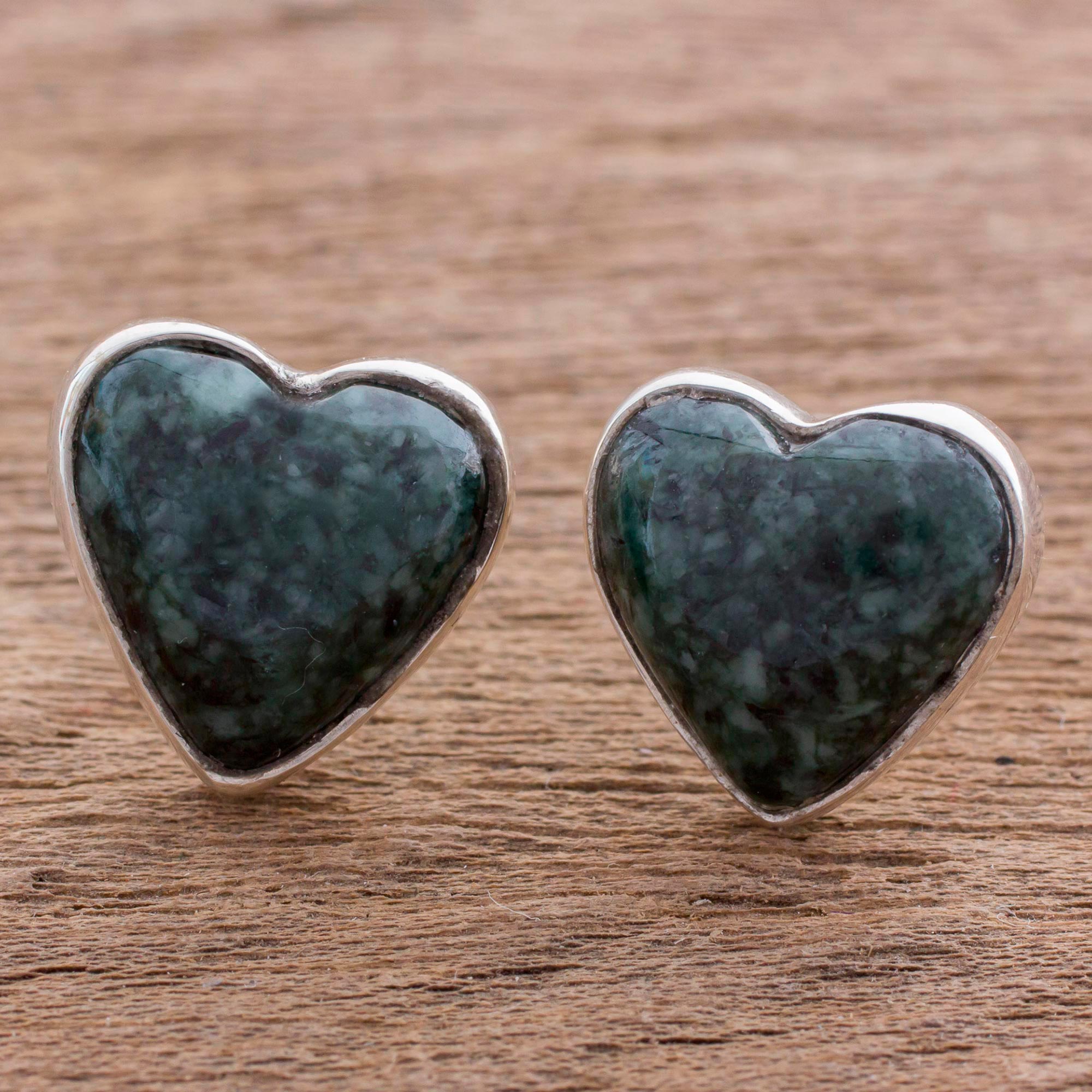 Premium Dark Green Jade Heart Earrings - Handcrafted Sterling Silver Jewelry